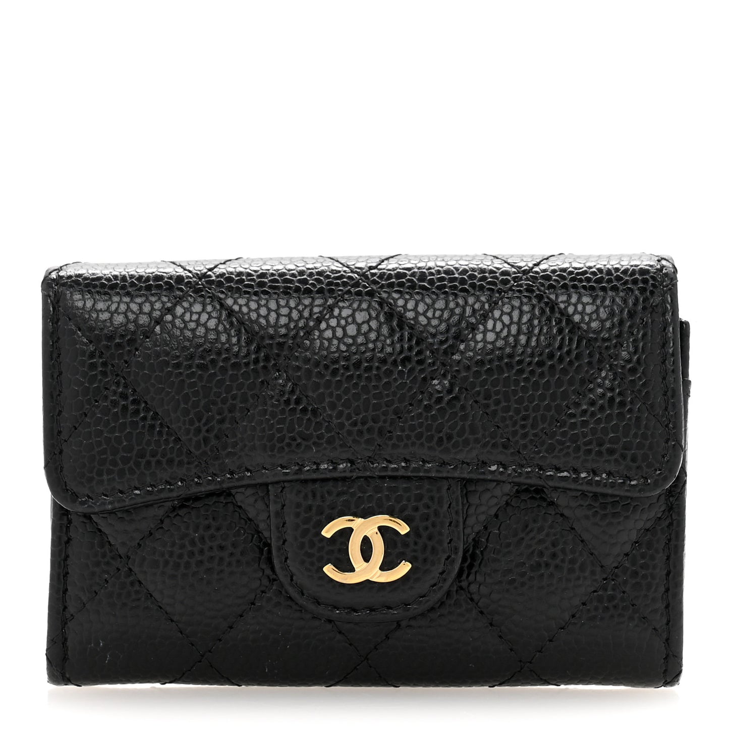 Caviar Quilted Flap Card Holder Wallet Black