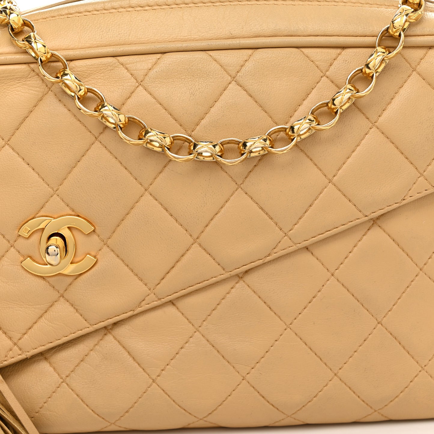 Lambskin Quilted Tassel Flap Camera Case Beige