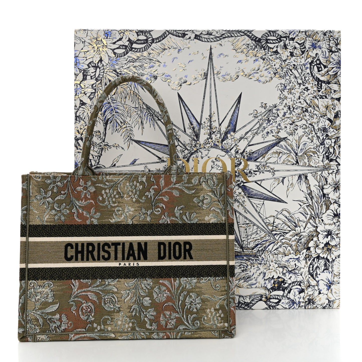 CHRISTIAN DIOR Canvas Embroidered Medium Brocart Book Tote Metallic Green