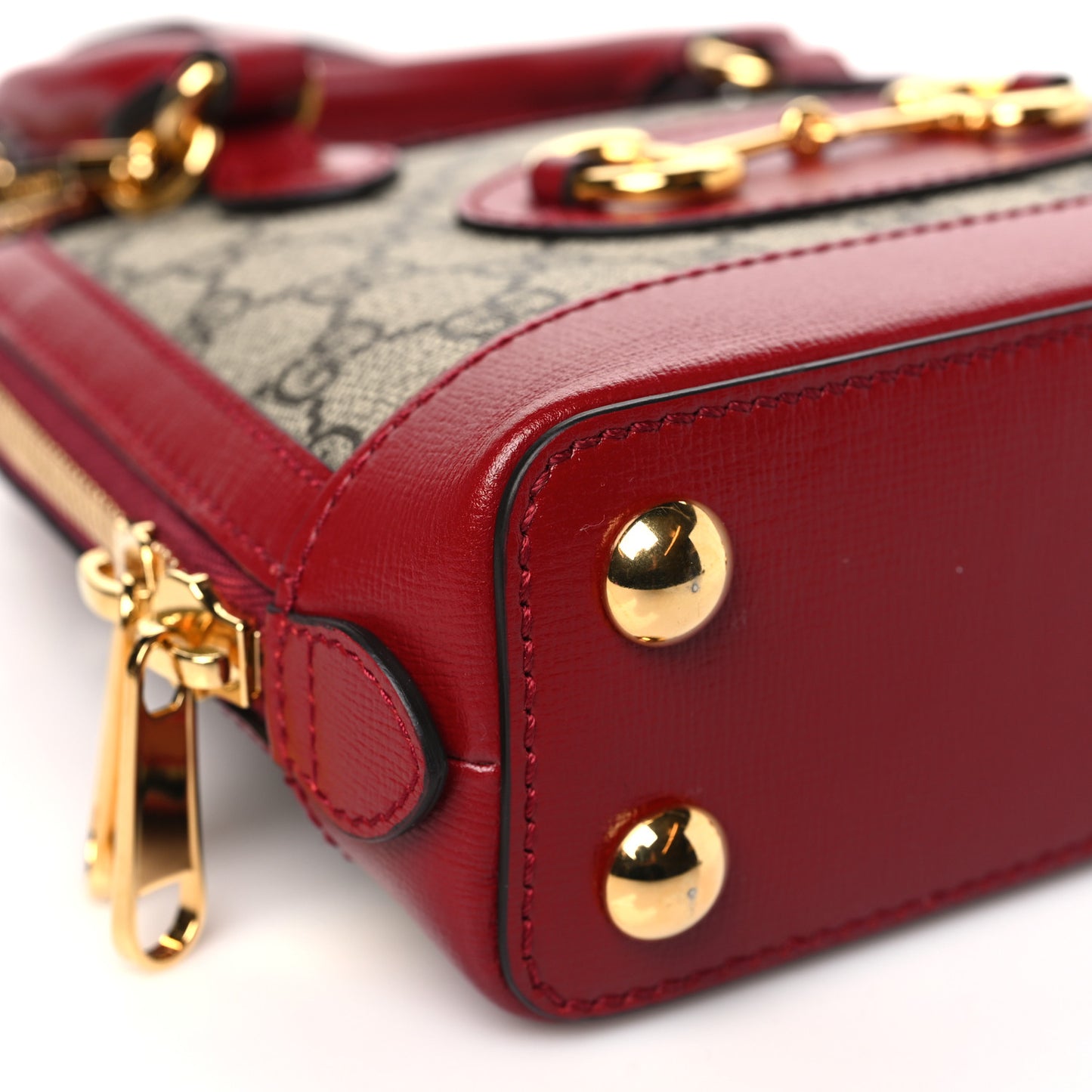 GG Supreme Monogram Azalea Calfskin Mini Horsebit 1955 Top Handle Bag Beige New Cherry Red
