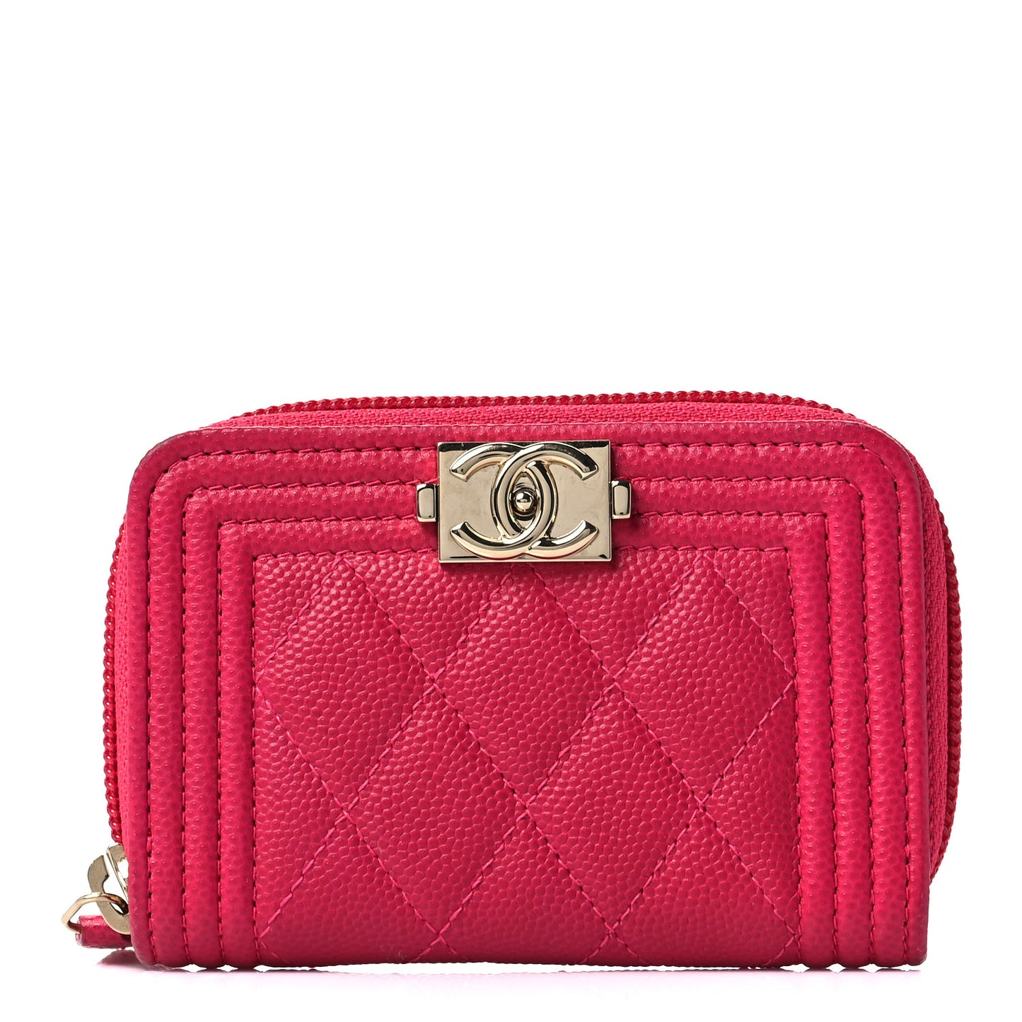 Caviar Quilted Boy Zip Around Coin Purse Wallet Fuchsia
