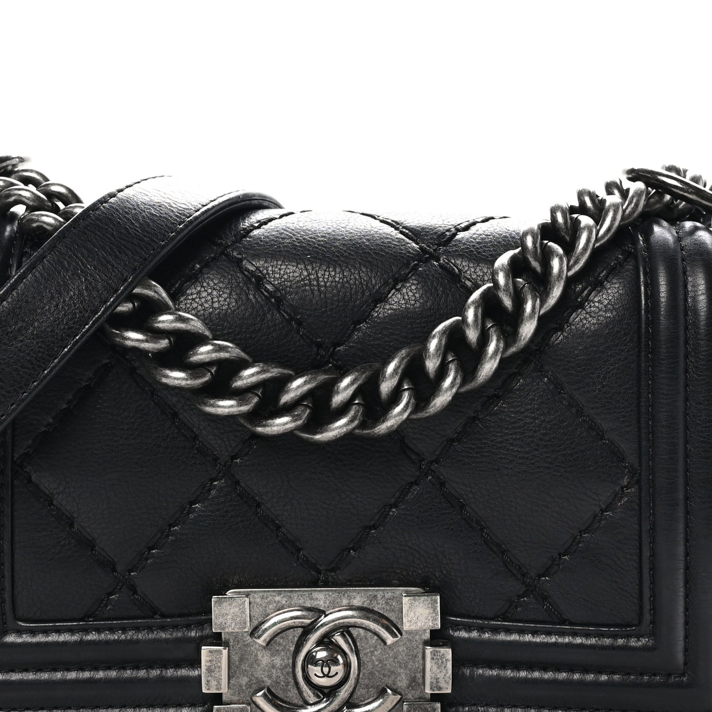 Calfskin Double Stitch Small Boy Flap Black