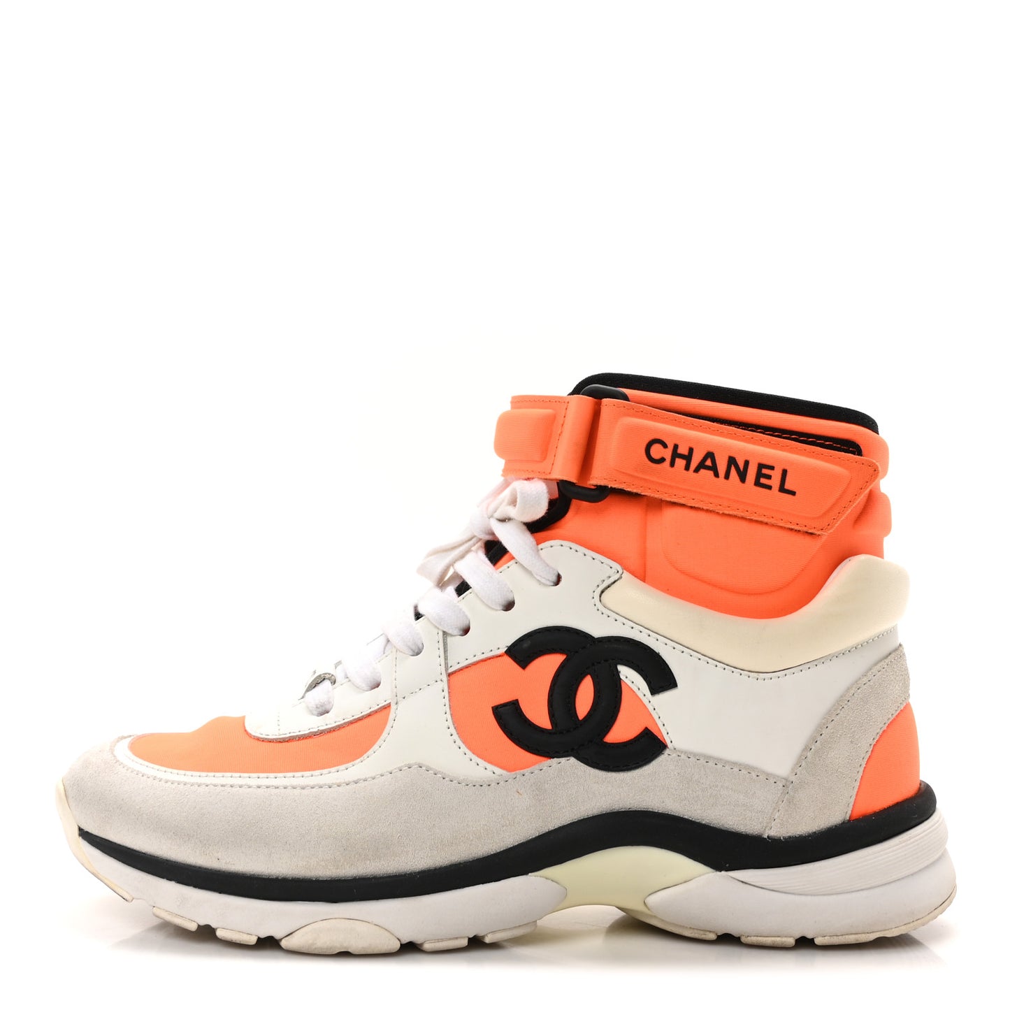 Suede Calfskin Lambskin Neoprene High Top CC Sneakers 36.5 White Fluo Orange