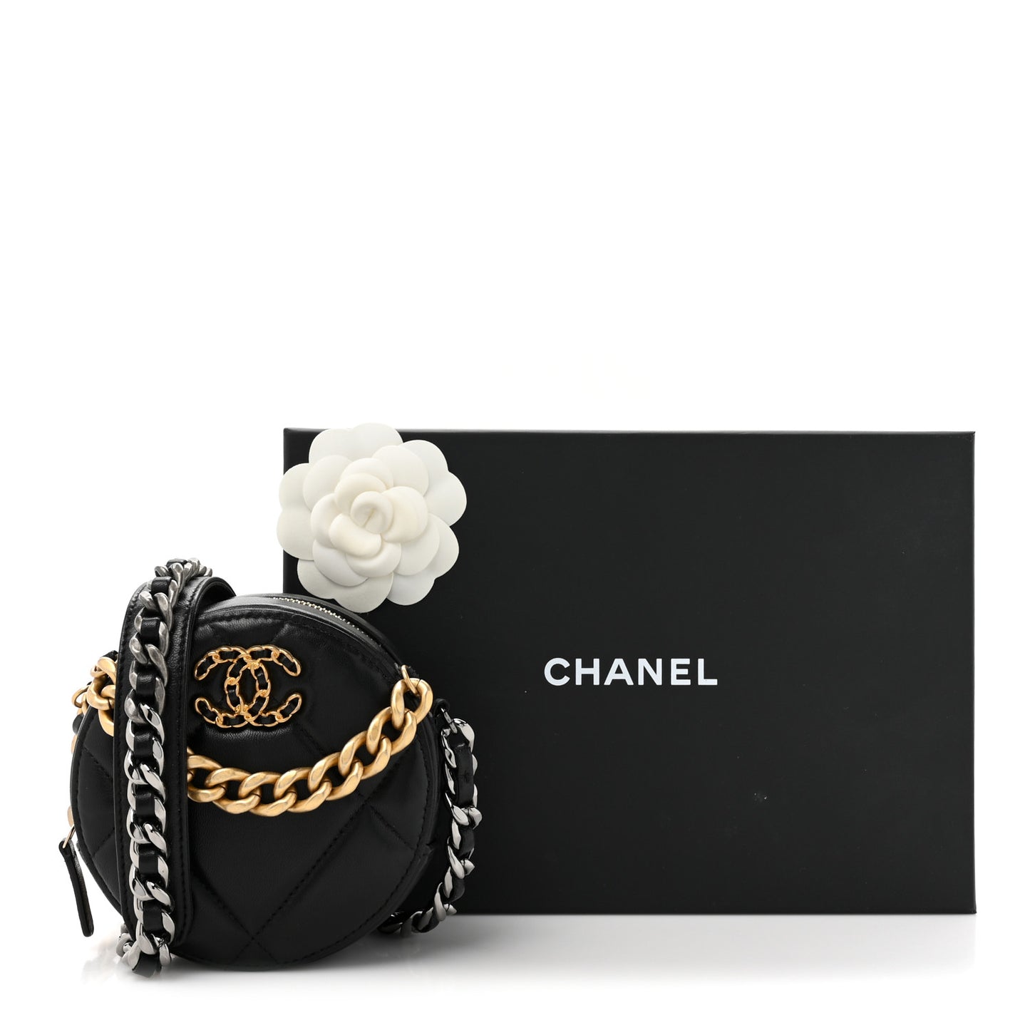 Lambskin Quilted Chanel 19 Round Clutch With Chain Black