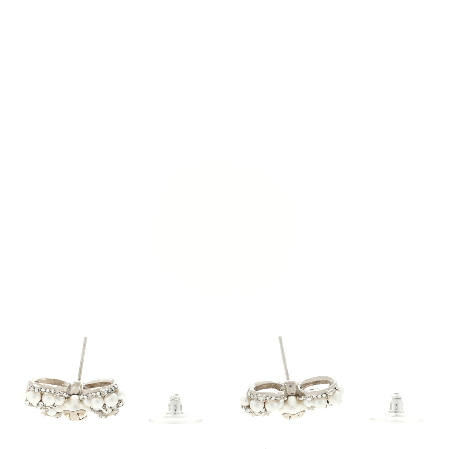 Crystal Pearl Bow CC Earrings Silver
