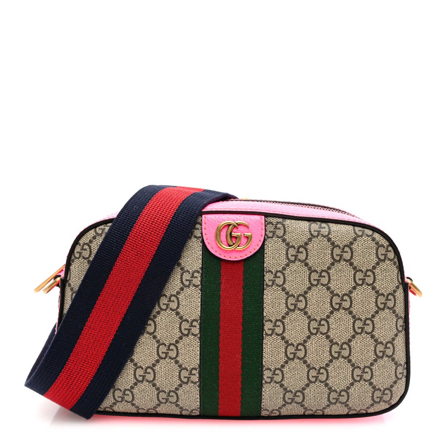 Gucci GG Supreme Monogram Textured Dollar Calfskin Web Ophidia Small Crossbody Bag Beige Ebony Fuchsia 1 of 10