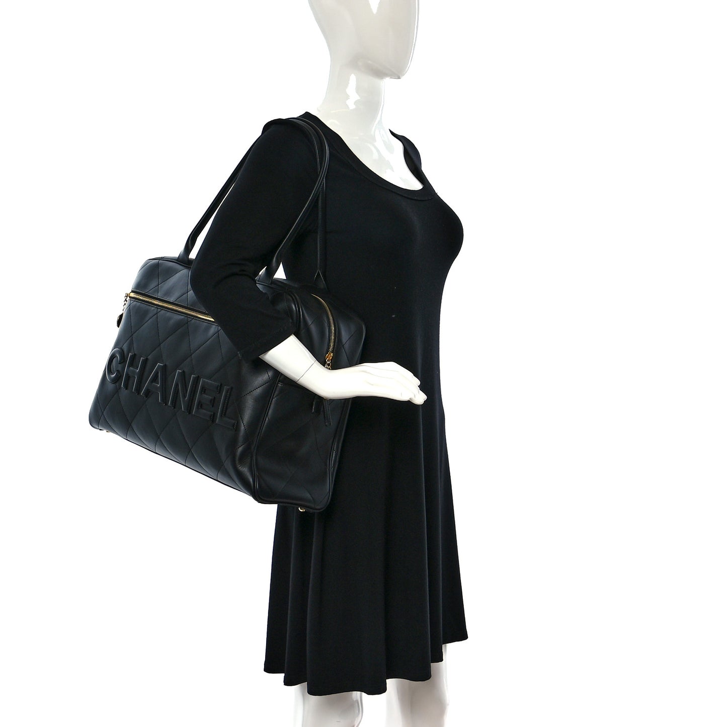 Calfskin Stitched Maxi Logo Bowling Bag Black
