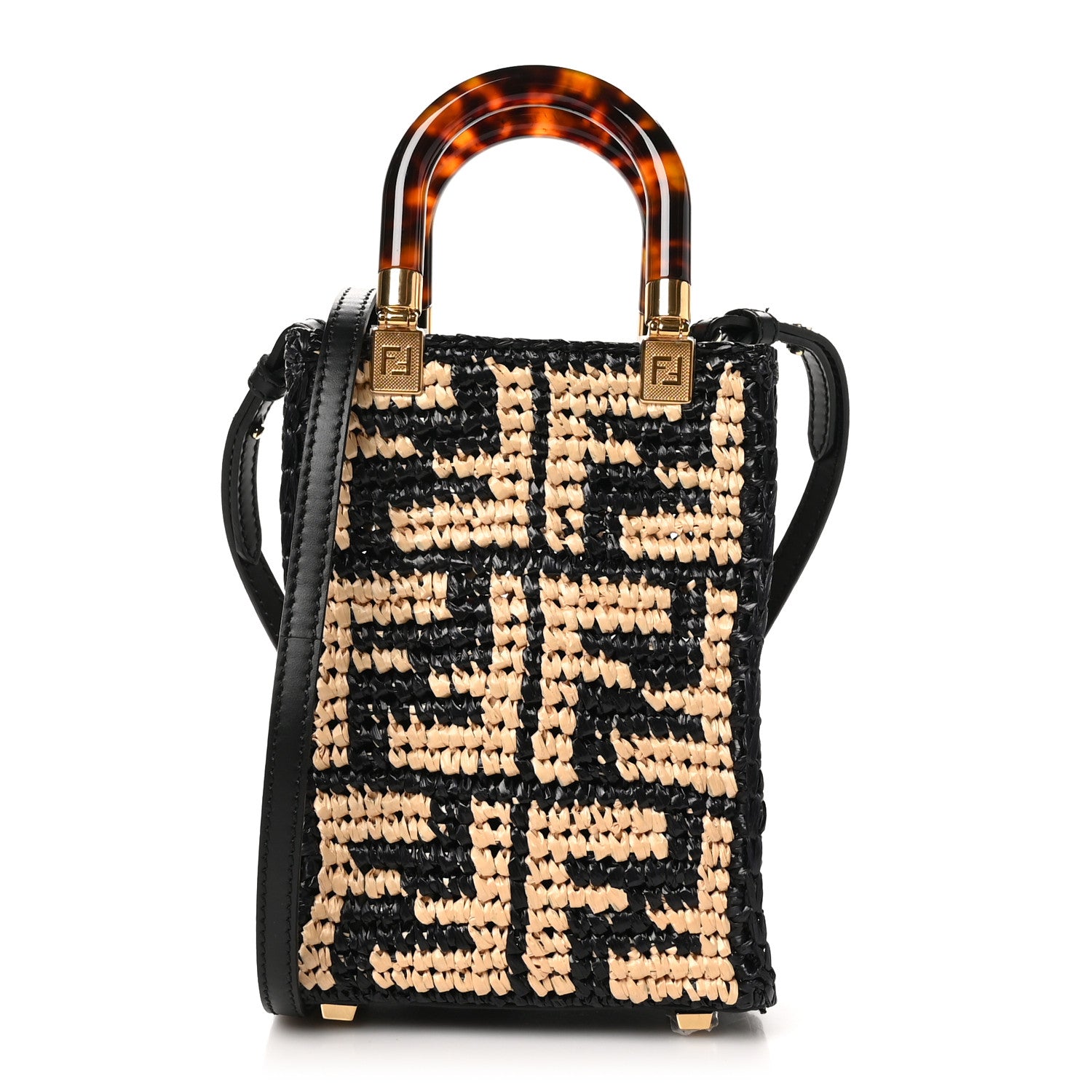 Fendi Raffia Plexiglass Crochet Mini Sunshine Shopper Tote Black 1 of 10