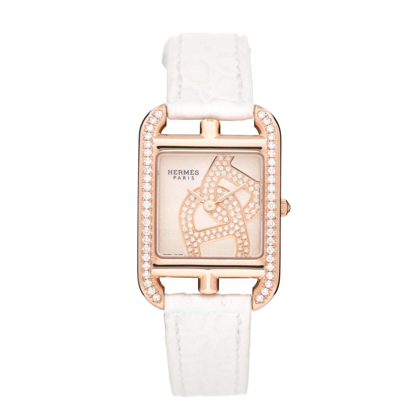 18K Rose Gold Alligator Diamond Bezel 23mm Cape Cod Chaine d'Ancre Joaillier Quartz Watch Blanc