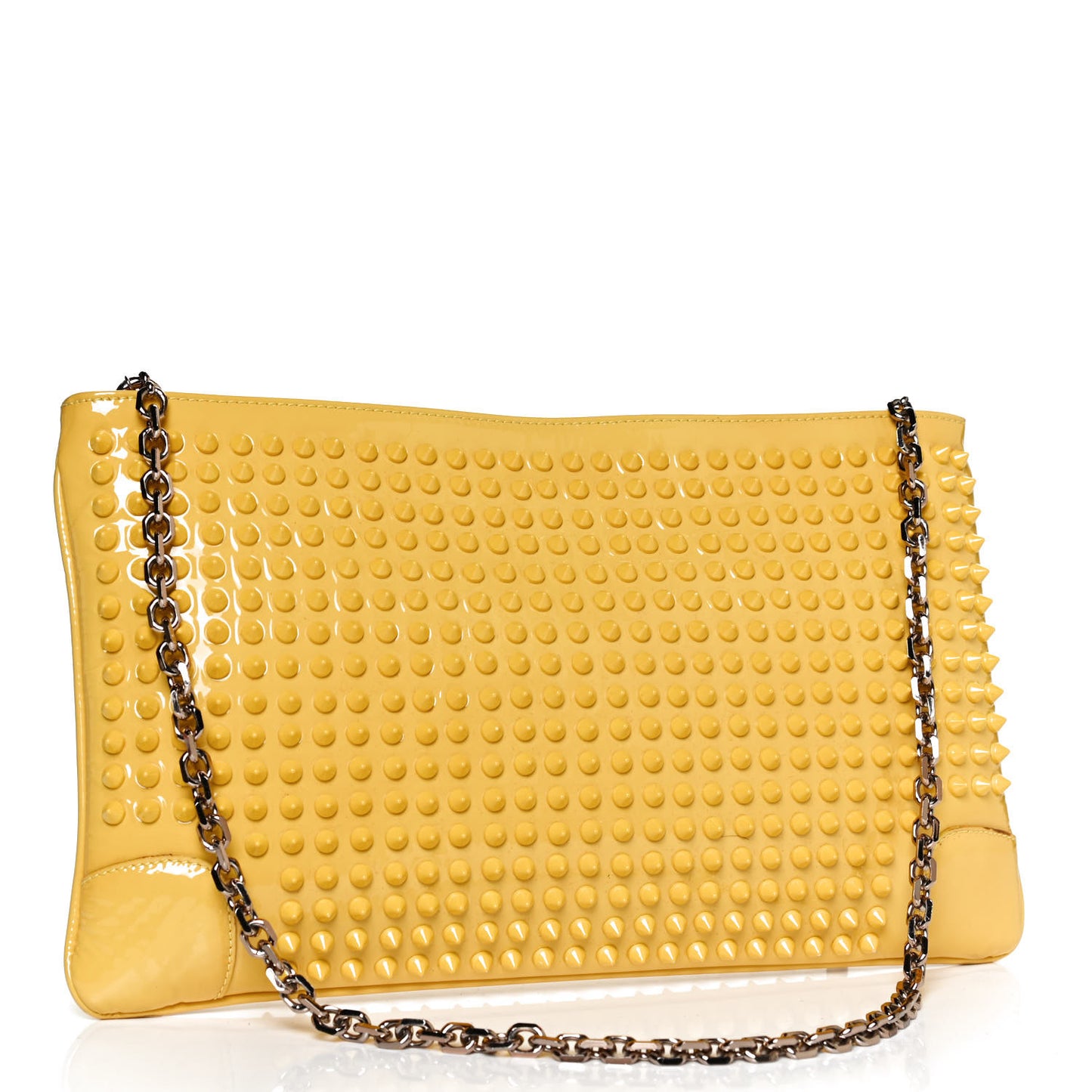 Patent Calfskin Studded Loubiposh Chain Clutch Yellow