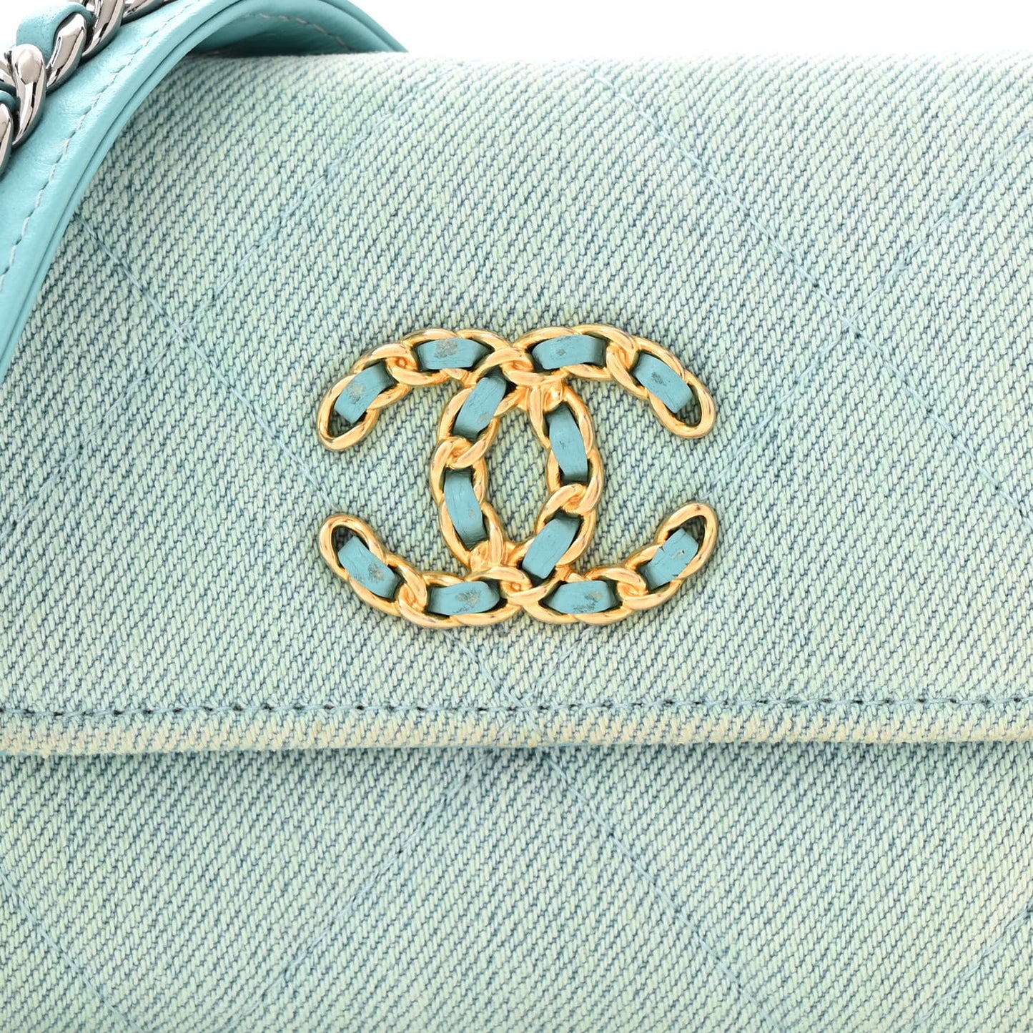Denim Quilted Chanel 19 Flap Coin Purse With Chain Neon Blue