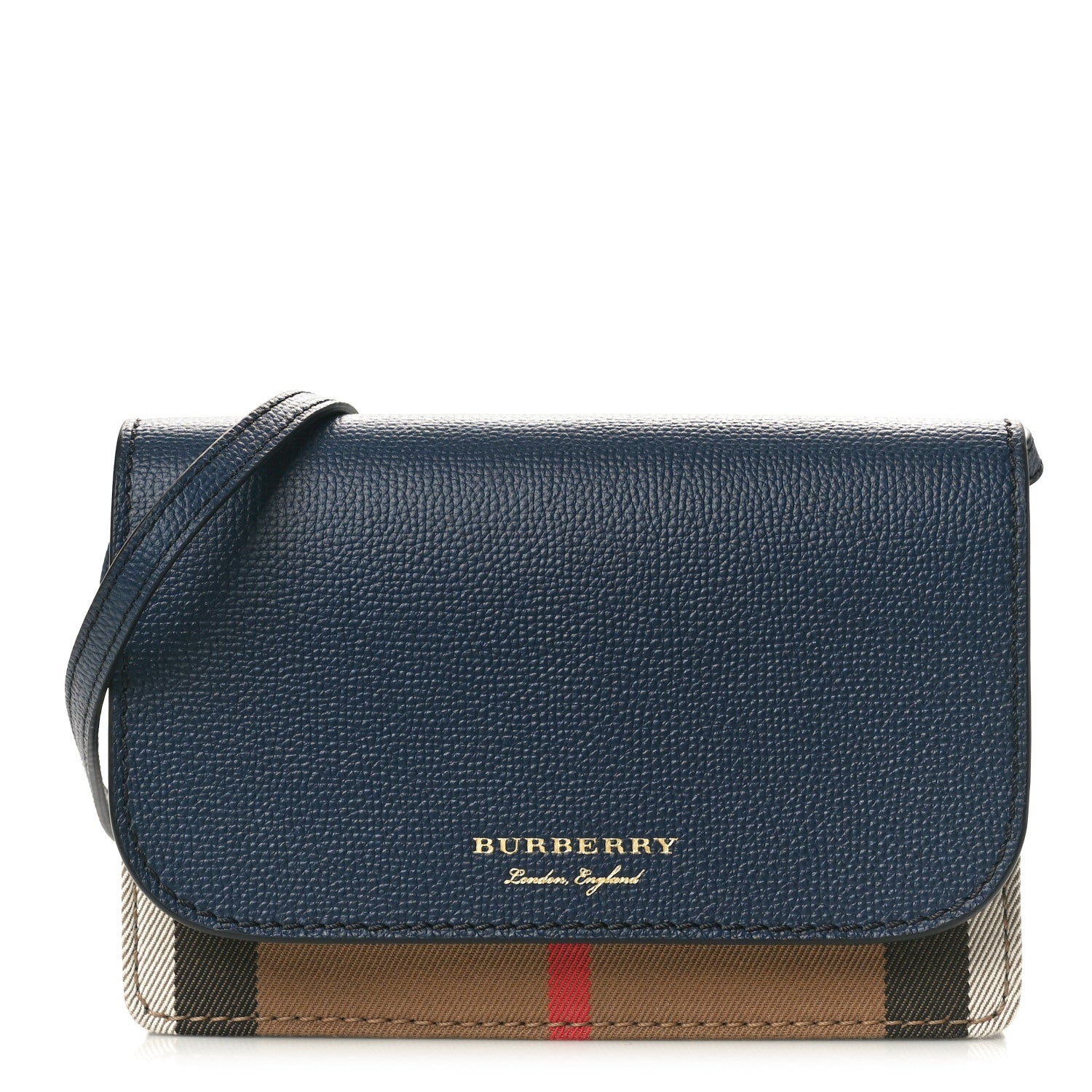 Burberry Derby Calfskin House Check Mini Hampshire Wallet On Chain Ink Blue 1 of 9