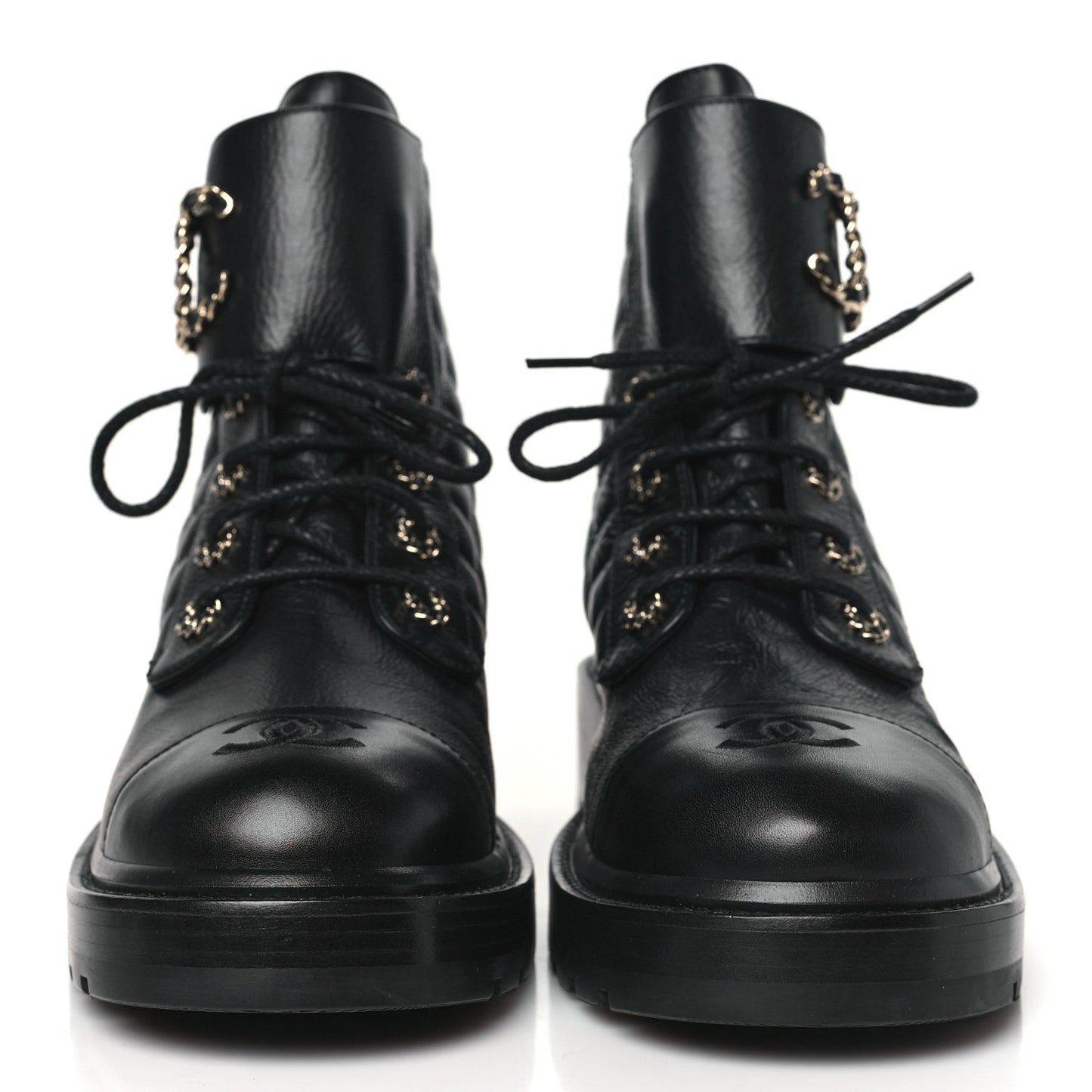 Shiny Goatskin Calfskin Quilted Lace Up Combat Boots 41 Black