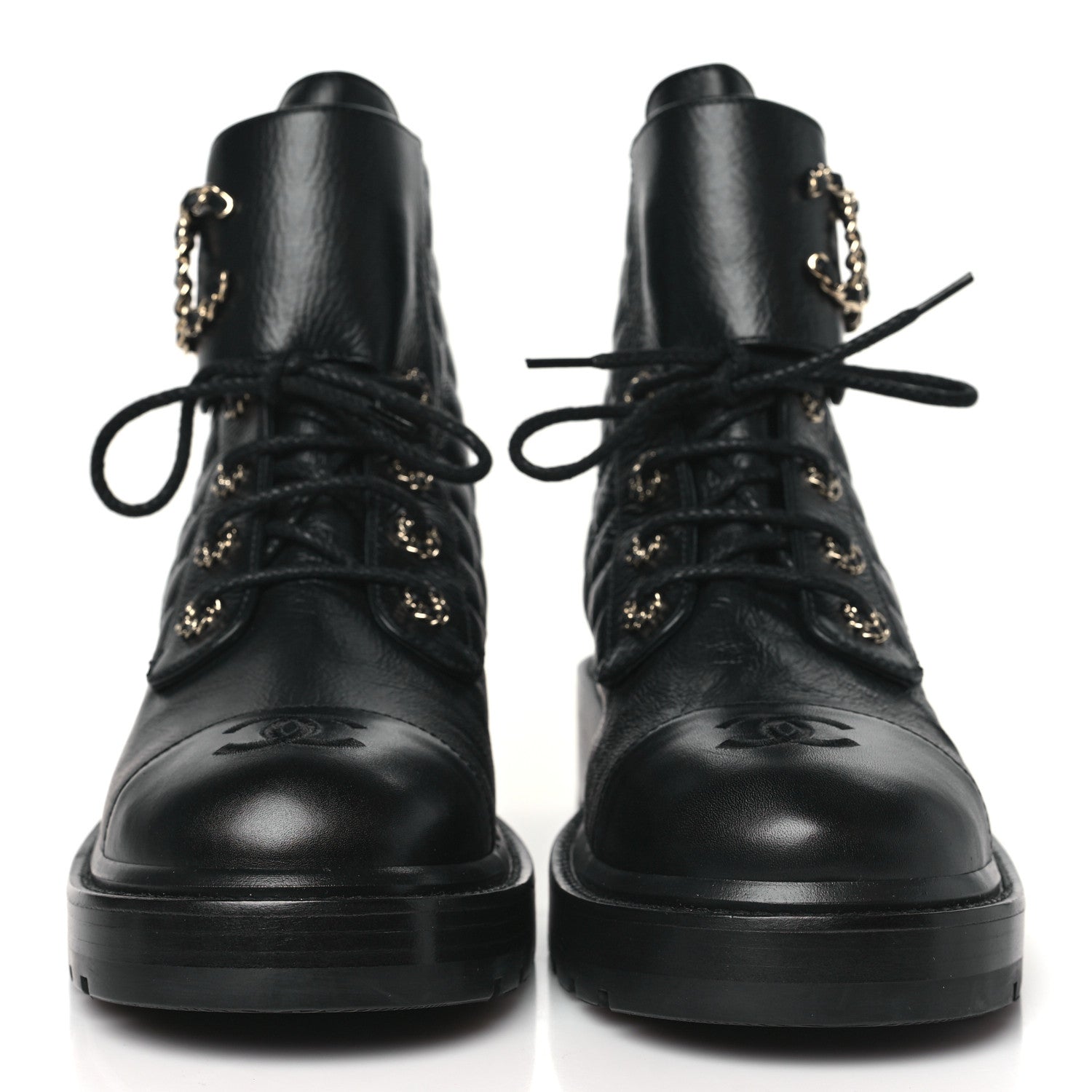 Chanel Shiny Goatskin Calfskin Quilted Lace Up Combat Boots 41 Black 2 of 8
