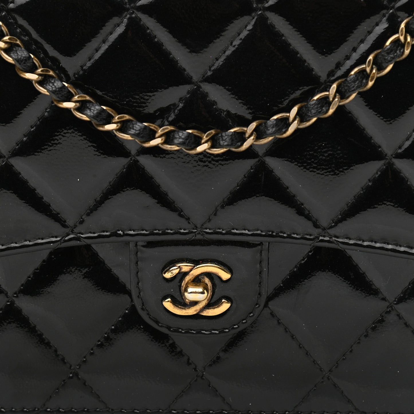 Patent Goatskin Quilted CC Eyelet Wallet On Chain WOC Black