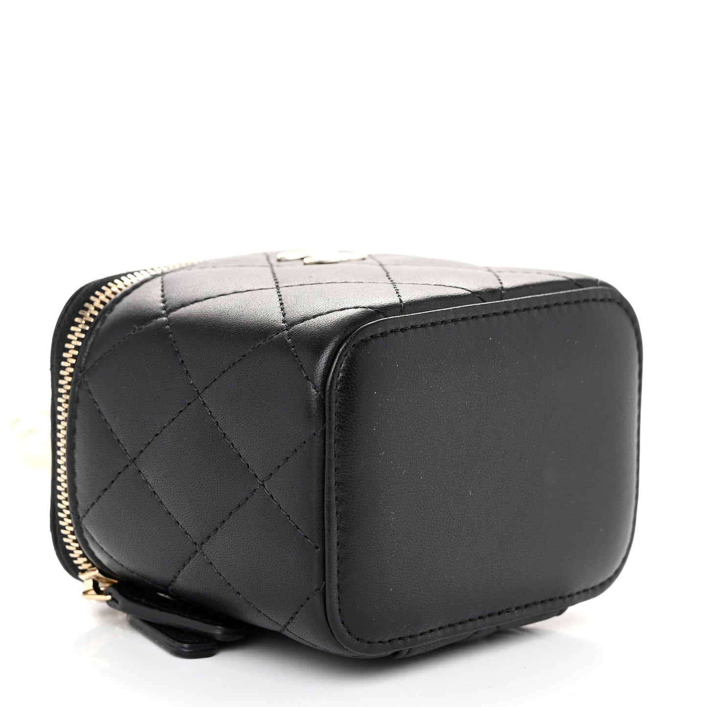 Lambskin Quilted Mini Vanity Case With Pearl Chain Black