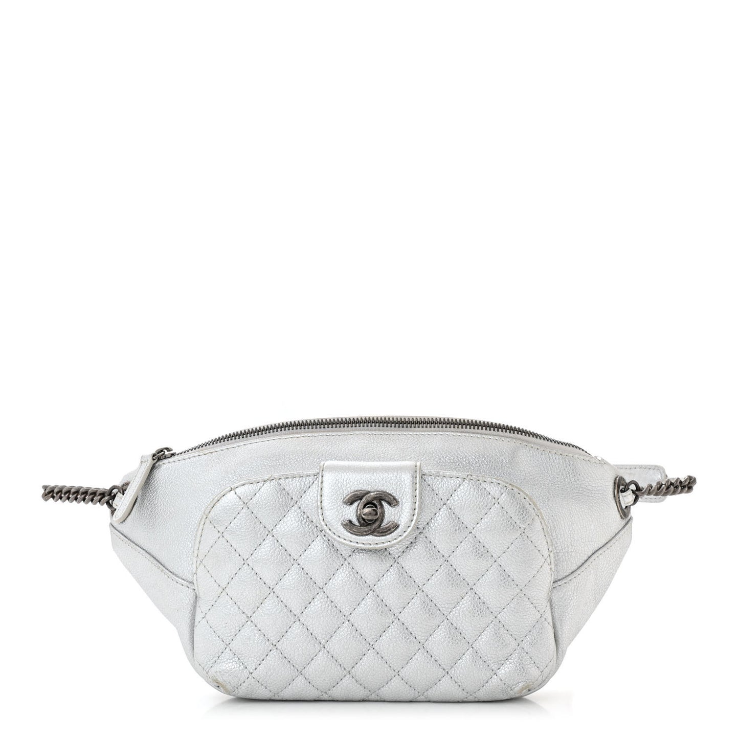 Metallic Grained Calfskin Quilted Casual Rock Waist Bag Fanny Pack Silver