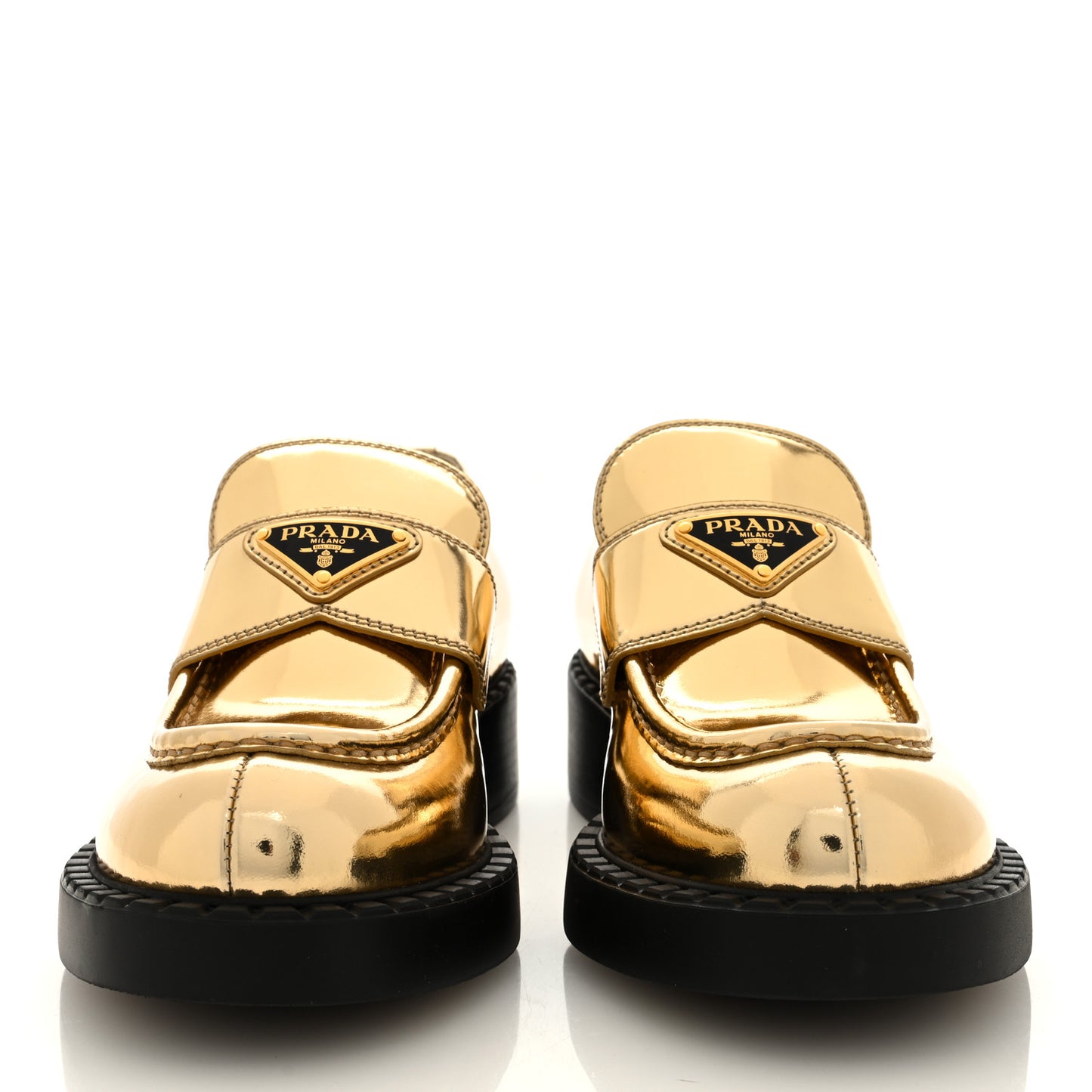 Metallic Brushed Calfskin Metal Triangle Logo 50mm Loafers 38 Platino