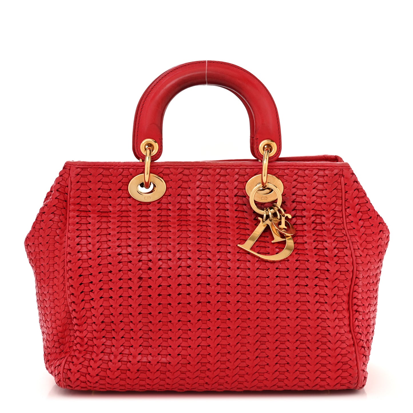 Lambskin Woven Medium Lady Dior Shopping Tote Red
