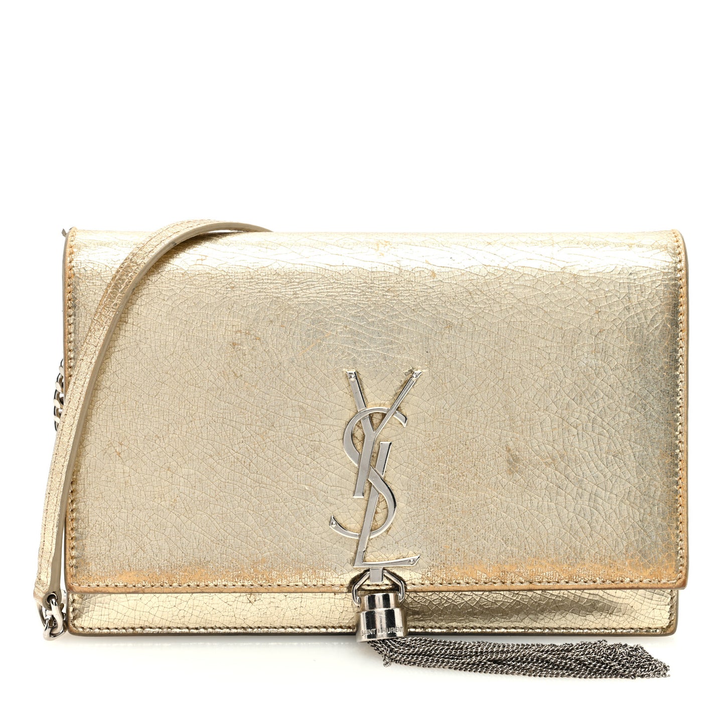 Metallic Crackled Calfskin Kate Monogram Tassel Chain Wallet Gold