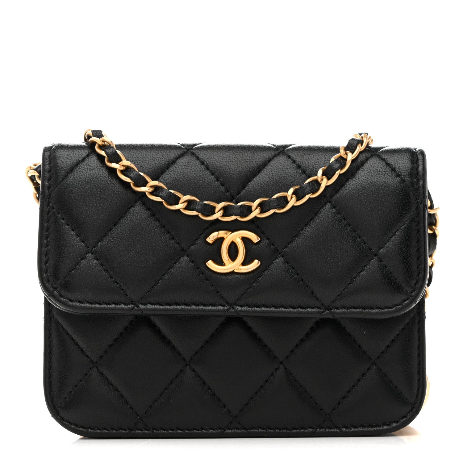 ショルダーバッグ chanel lambskin chain final price cut Chanel Lambskin Quilted Top Handle Flap Clutch With Chain Black