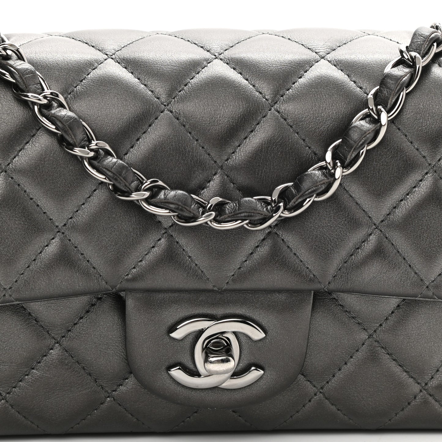 Iridescent Calfskin Quilted Mini Rectangular Flap Charcoal Grey