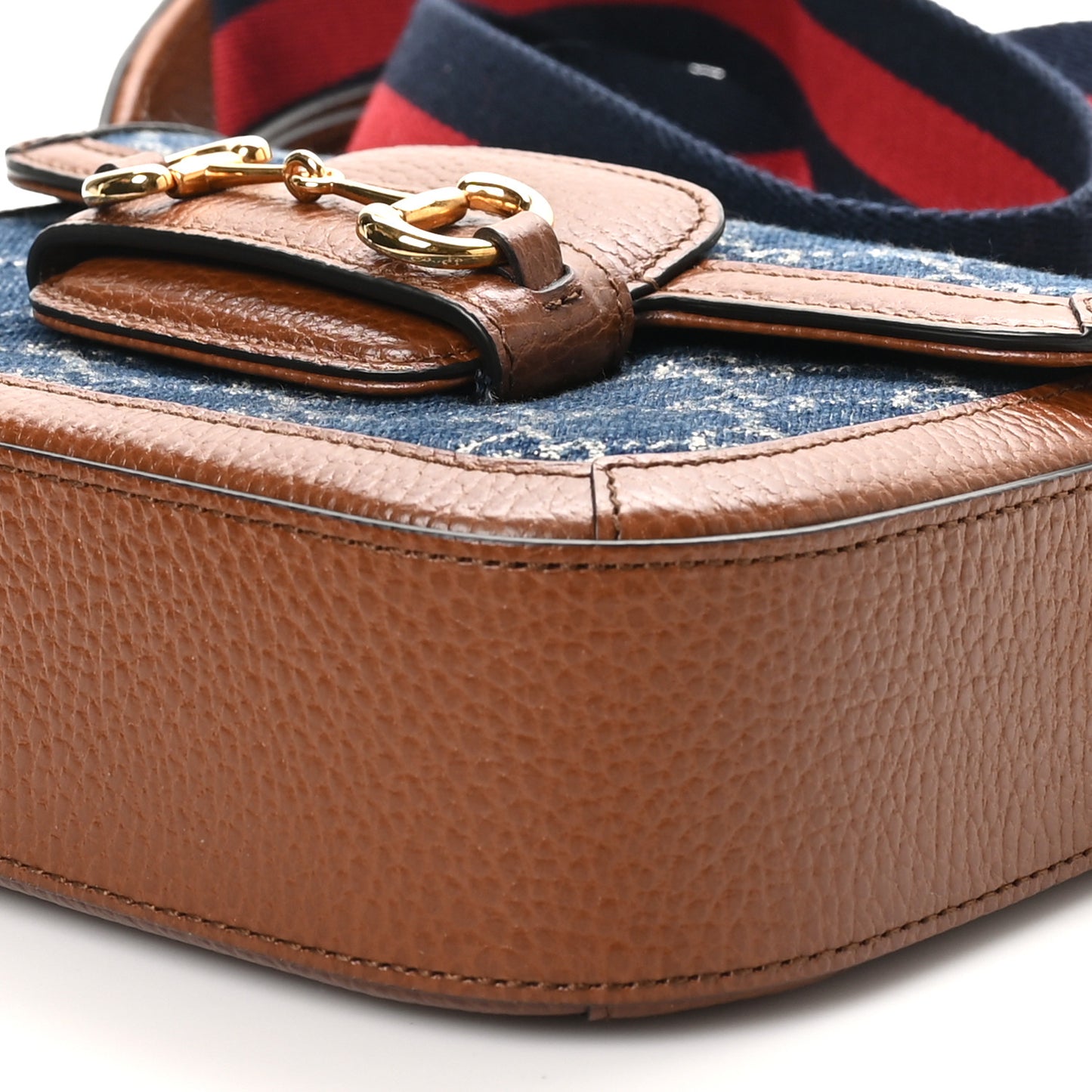 New Denim GG Monogram Dollar Calfskin Web Mini Horsebit 1955 Shoulder Bag Blue Tea Cuir Epilog