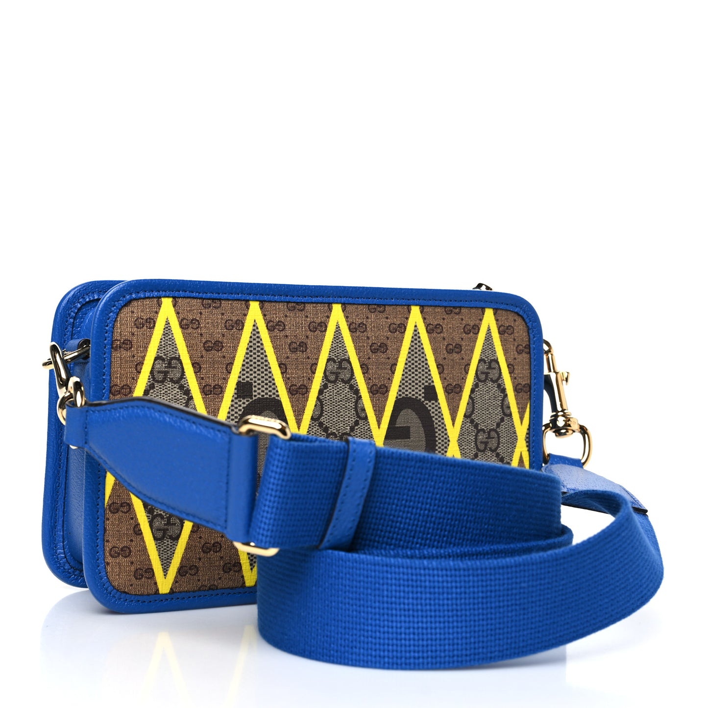 GG Supreme Monogram Mix Textured Dollar Calfskin Rhombus Inlay Crossbody Bag Beige Ebony Harvest Joy Blue