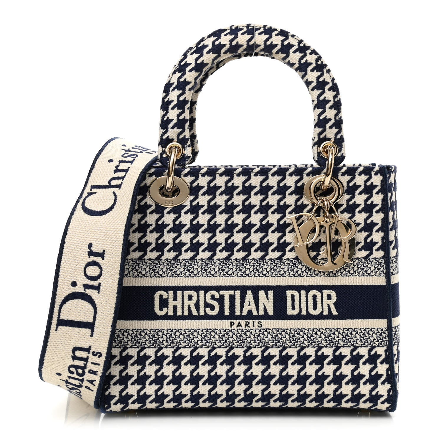 Christian Dior Canvas Houndstooth Embroidered Medium Lady D-Lite