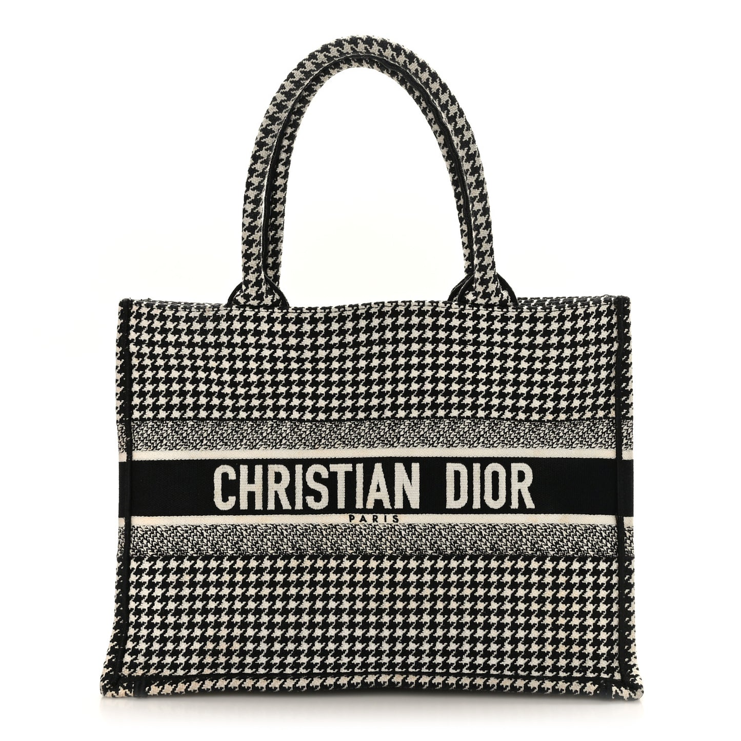 Canvas Houndstooth Embroidered Medium Book Tote Black White