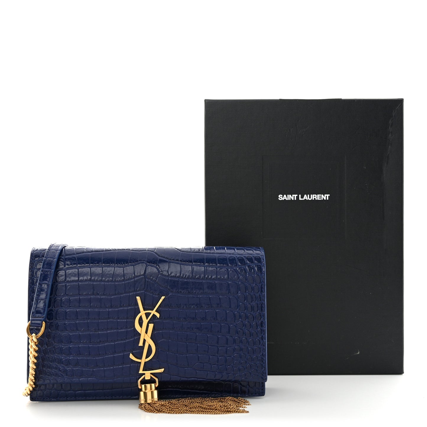 Calfskin Crocodile Embossed Kate Monogram Tassel Chain Wallet Royal Blue