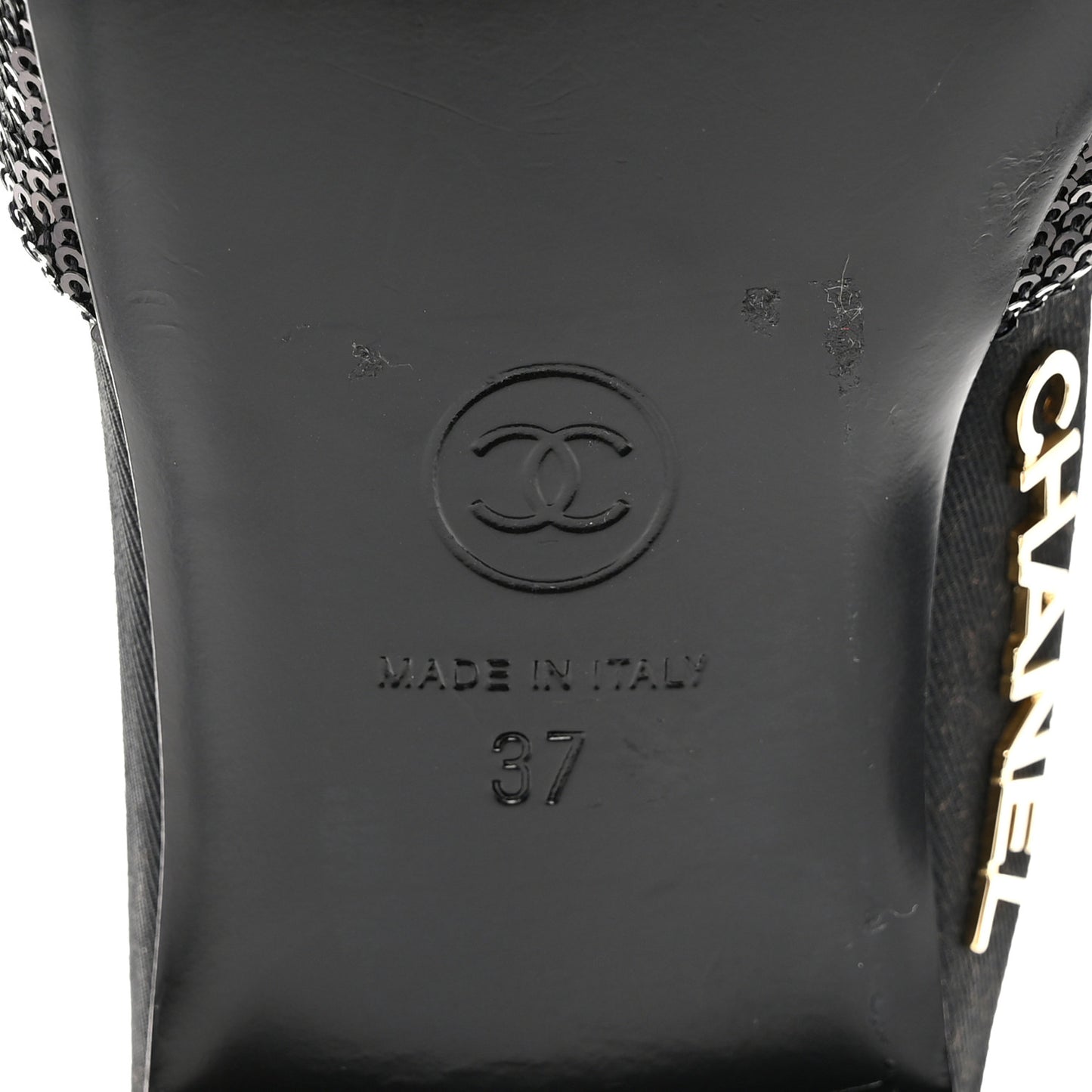 Sequin Grosgrain CC Cap Toe Ankle Flat 37 Black