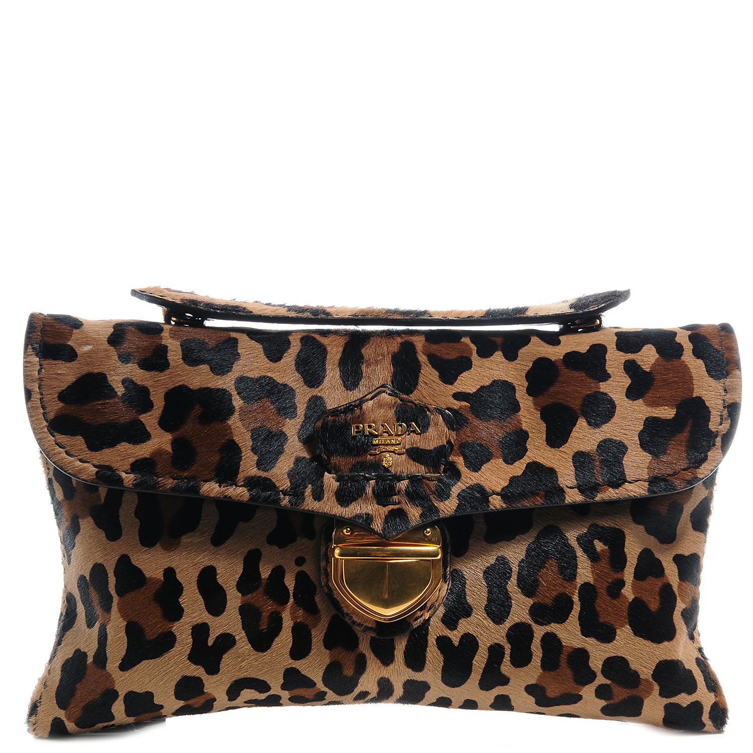 Prada Calf Hair Leopard Print Pushlock Envelope Clutch Miele 62078