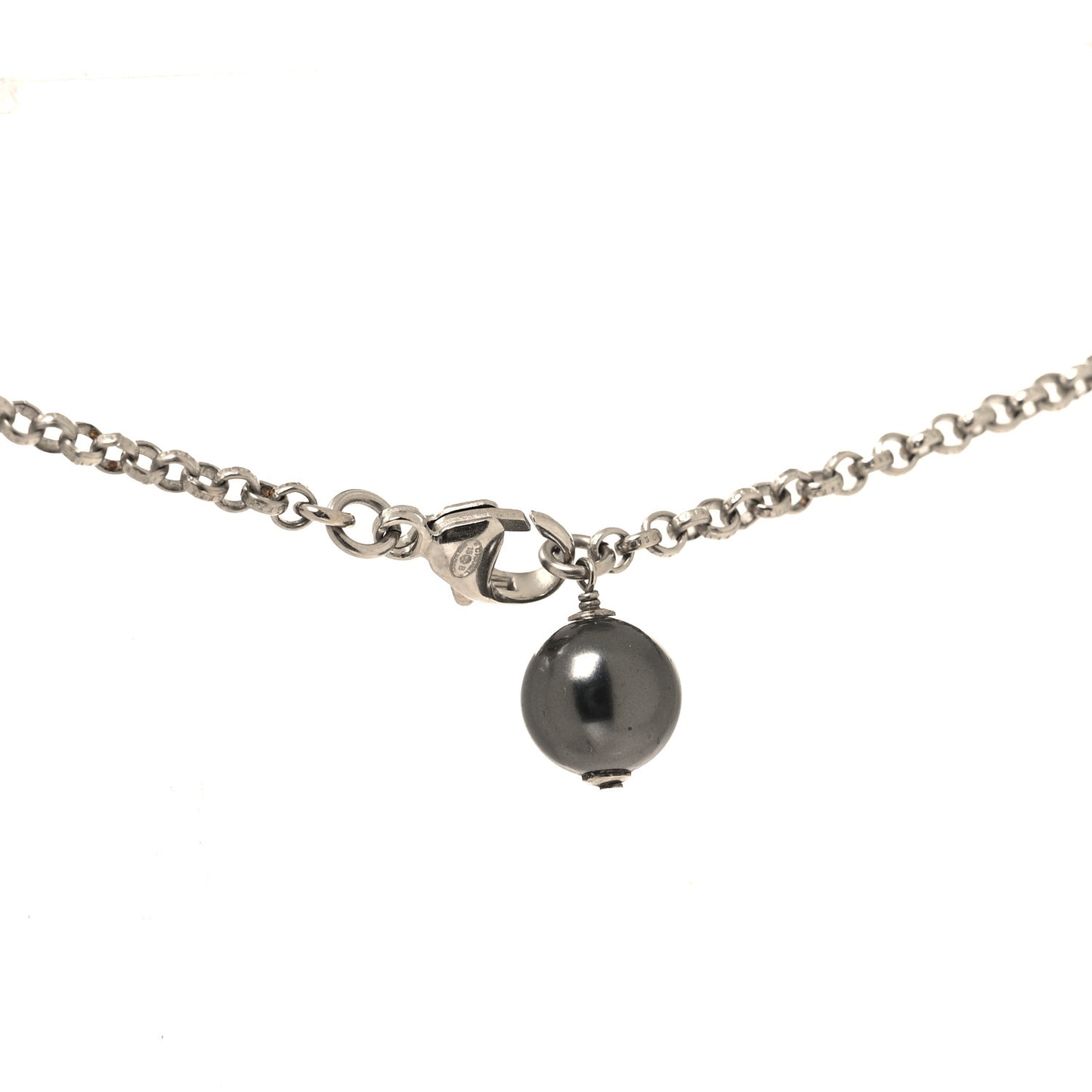 Pearl Crystal CC Long Necklace Silver Black