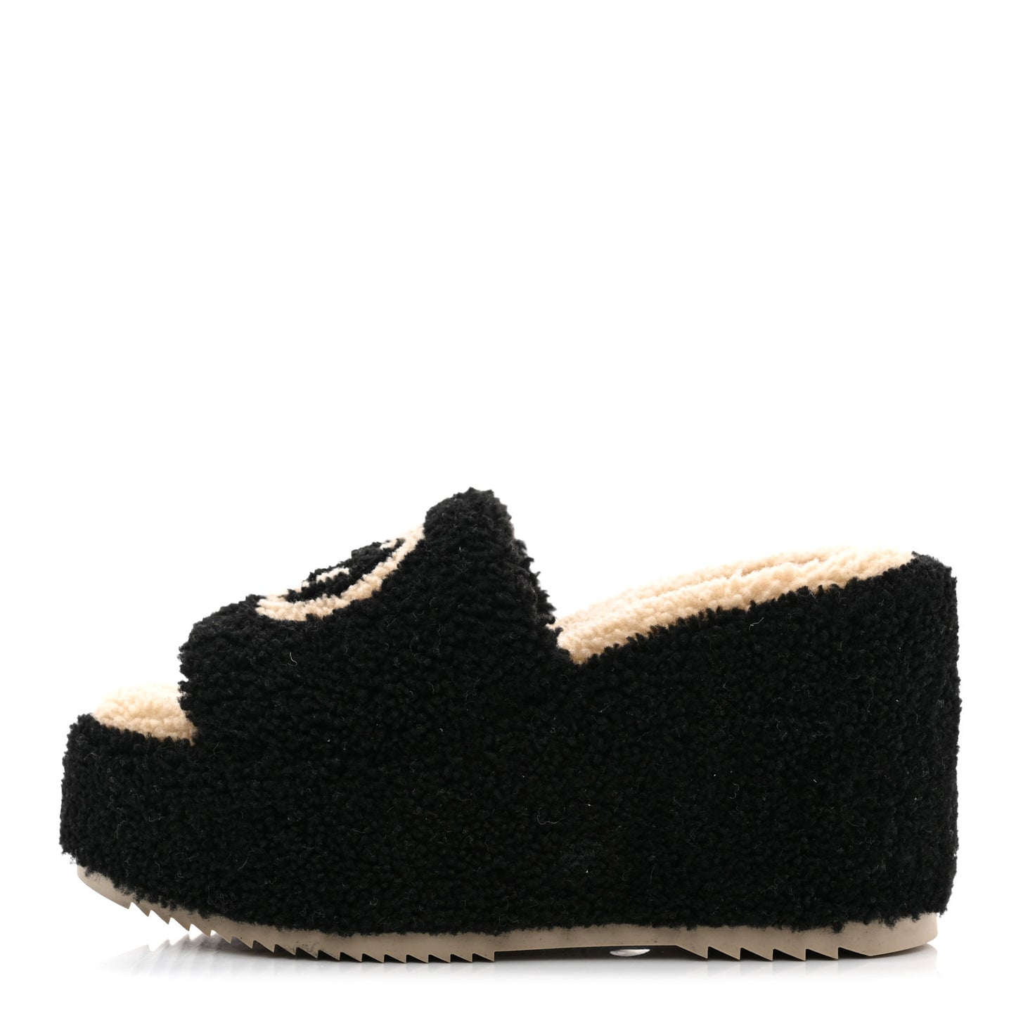 Shearling Interlocking G Womens Elea Platform Slide Wedge Sandals 38 Black Butterscotch