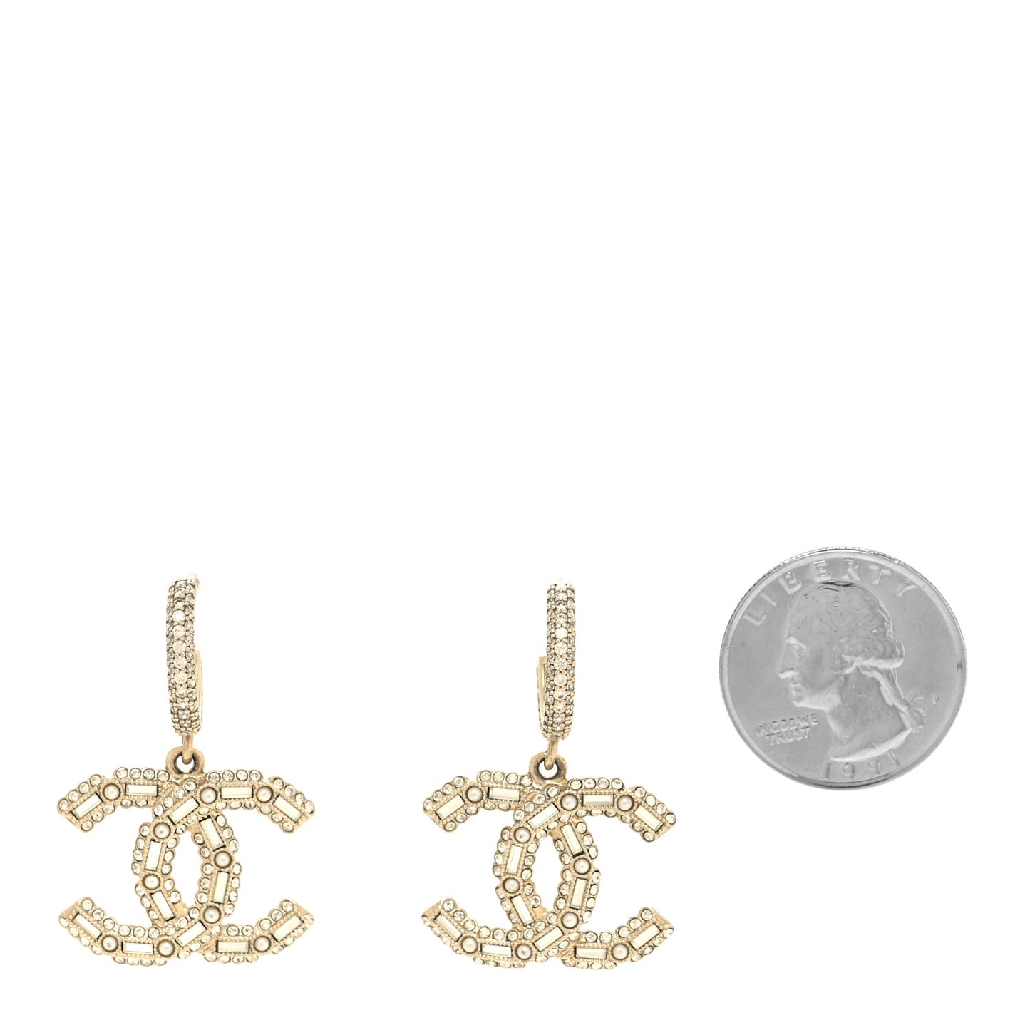 Crystal Baguette Pearl CC Drop Hoop Earrings Gold Pearly White