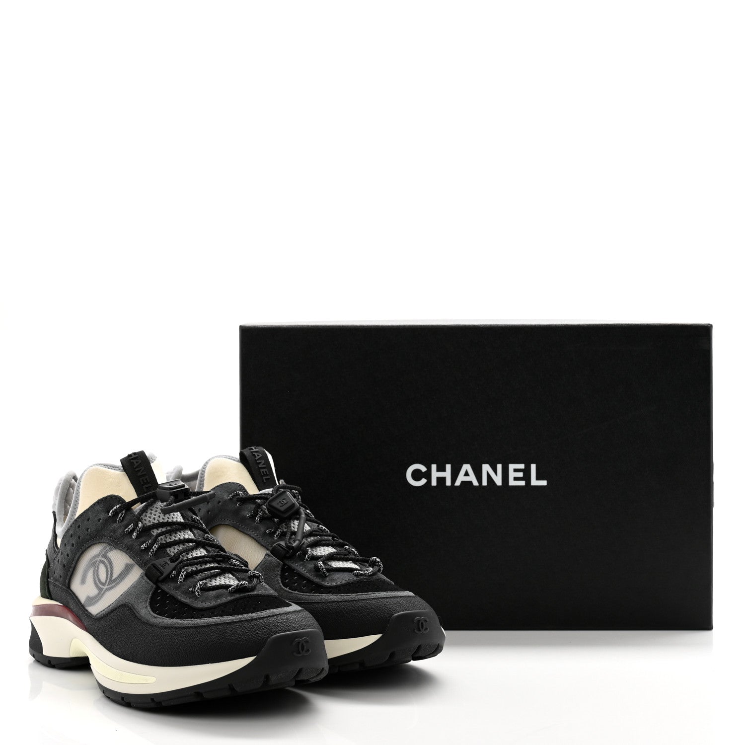 Chanel Fabric Suede Calfskin Mesh Womens CC Sneakers 38.5 Black Dark Grey White Light Grey 11 of 11