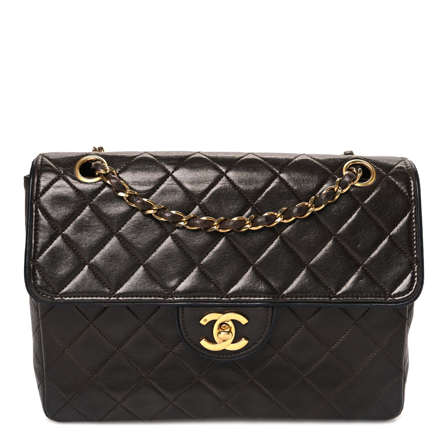 Lambskin Quilted Bi-Color Small Single Flap Dark Brown
