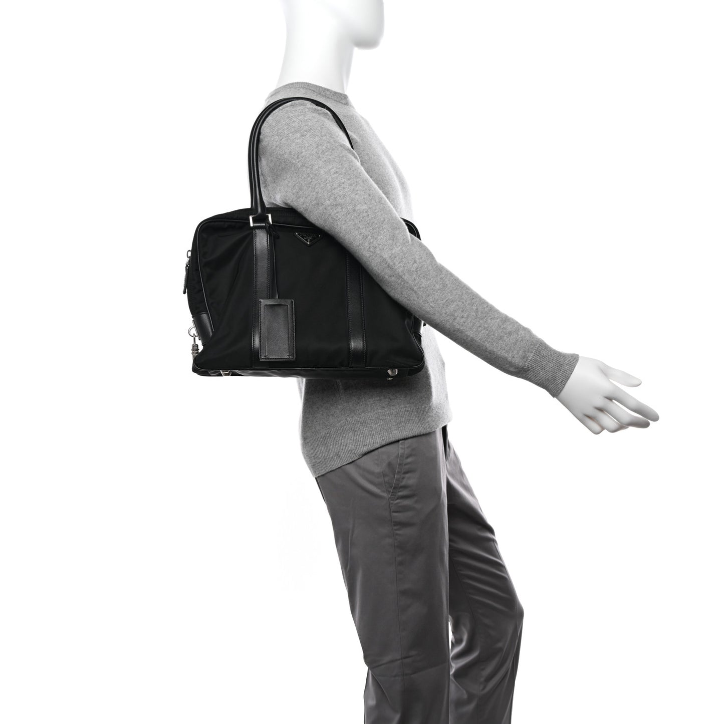 Tessuto Nylon Saffiano Metal Triangle Logo Work Bag Black