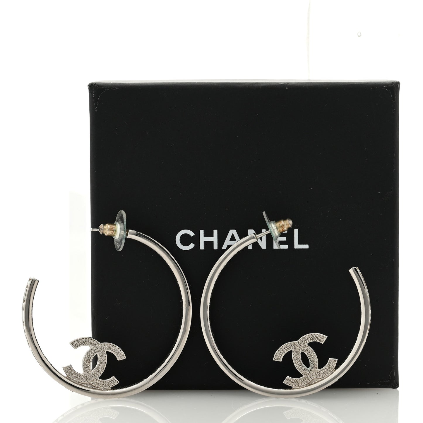 Metal Crystal Baguette CC Large Hoop Earrings Silver