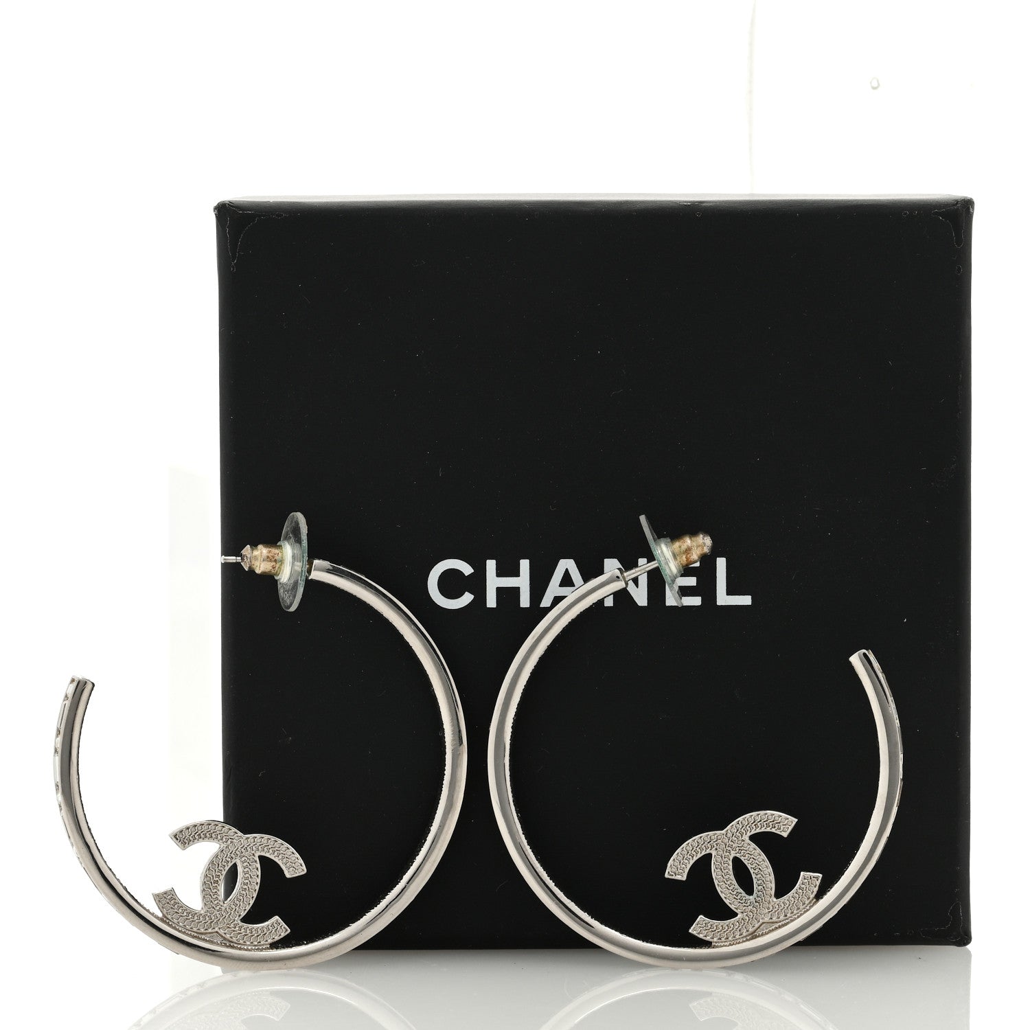 Chanel Metal Crystal Baguette CC Large Hoop Earrings Silver 5 of 5