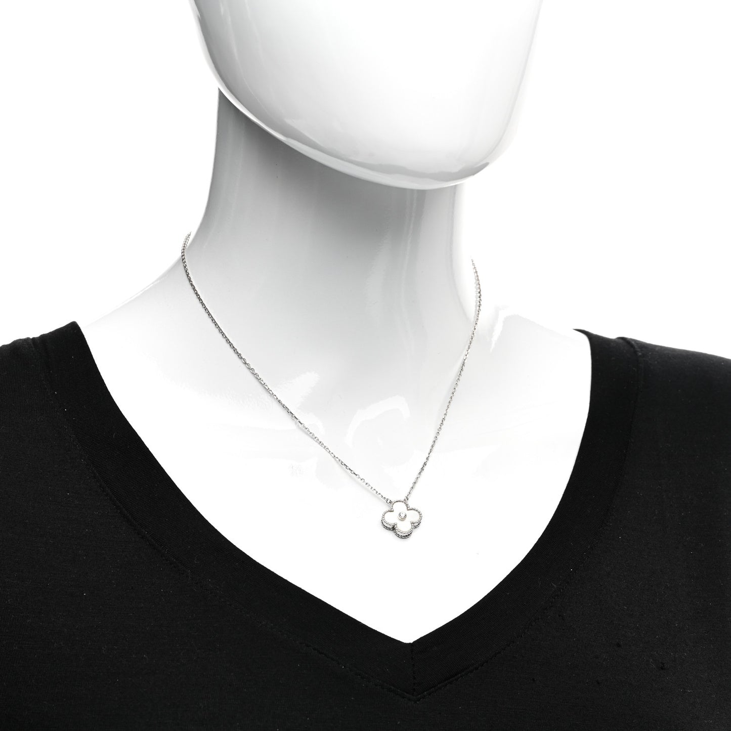 18K White Gold Diamond Mother of Pearl Vintage Alhambra Pendant Necklace