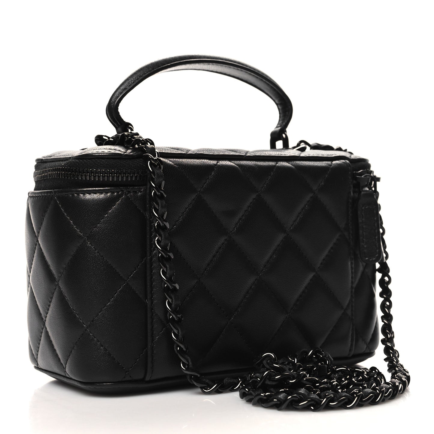Lambskin Quilted Small Top Handle Vanity Case With Chain So Black