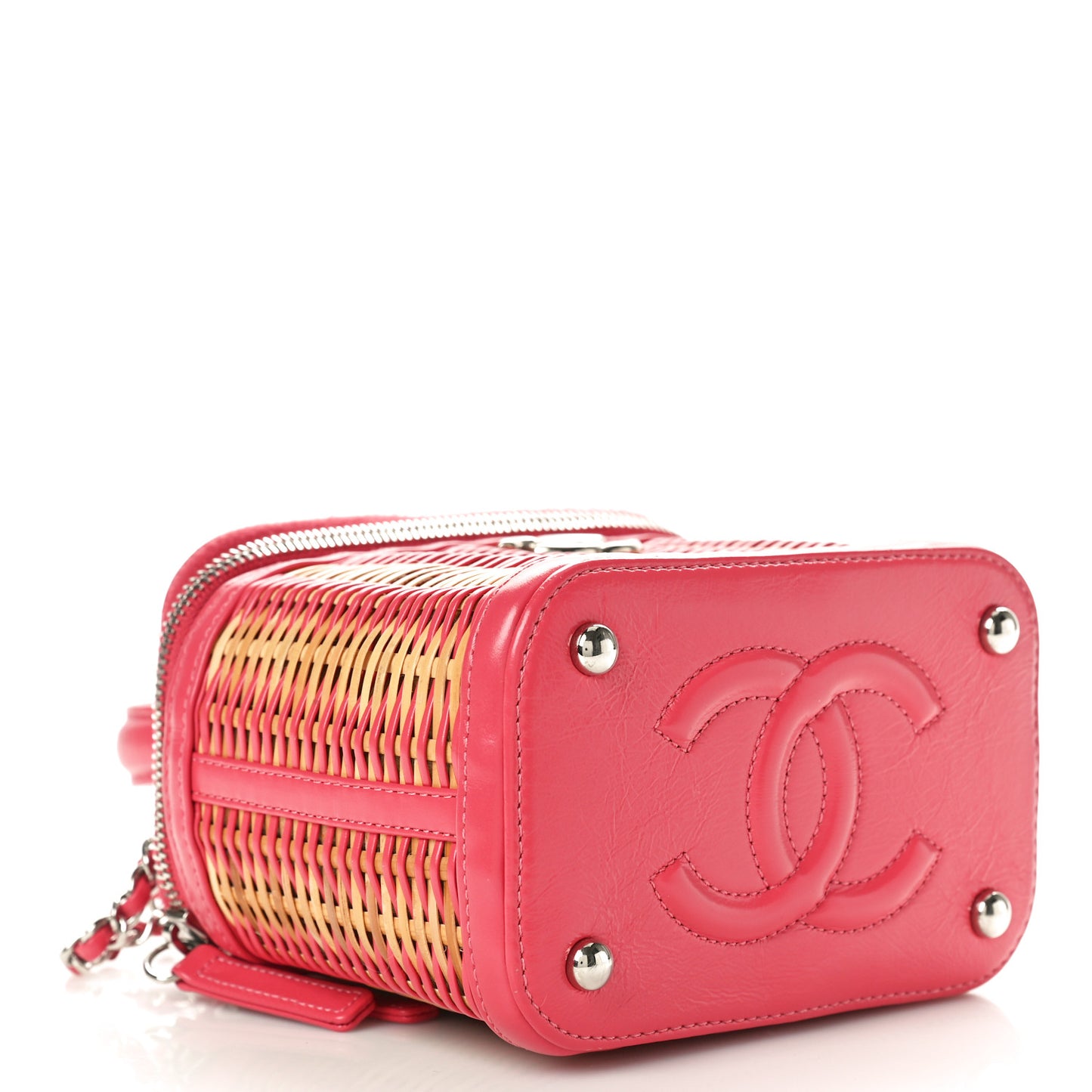 Calfskin Raffia Small Take Away Vanity Case Bag Pink Beige