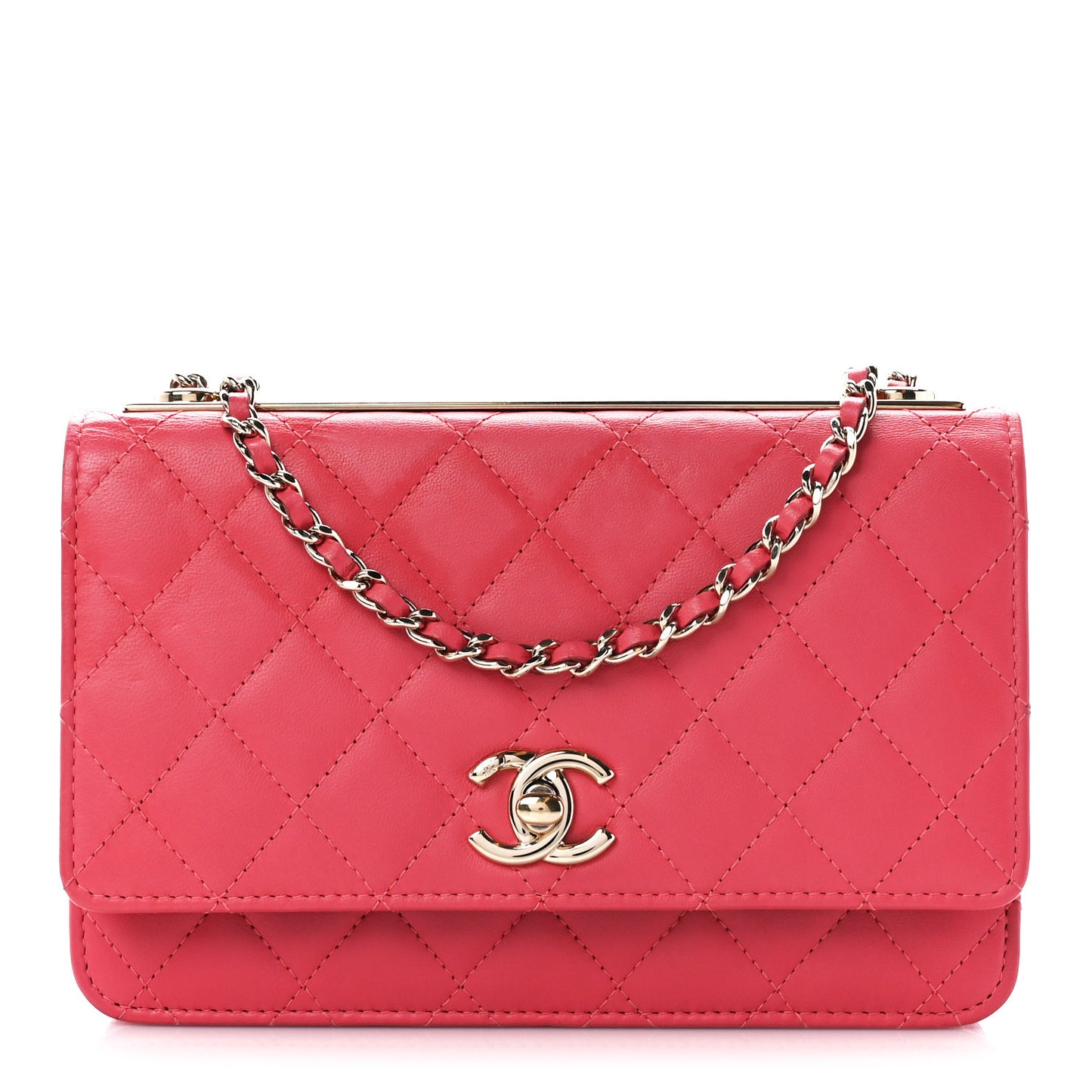 Lambskin Quilted Trendy CC Wallet On Chain WOC Pink