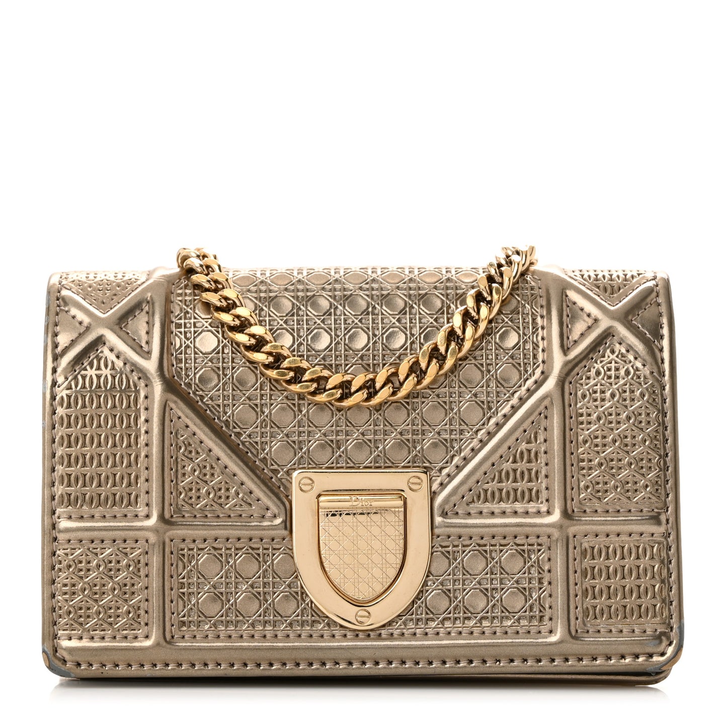 Metallic Patent Micro-Cannage Baby Diorama Flap Bag Gold