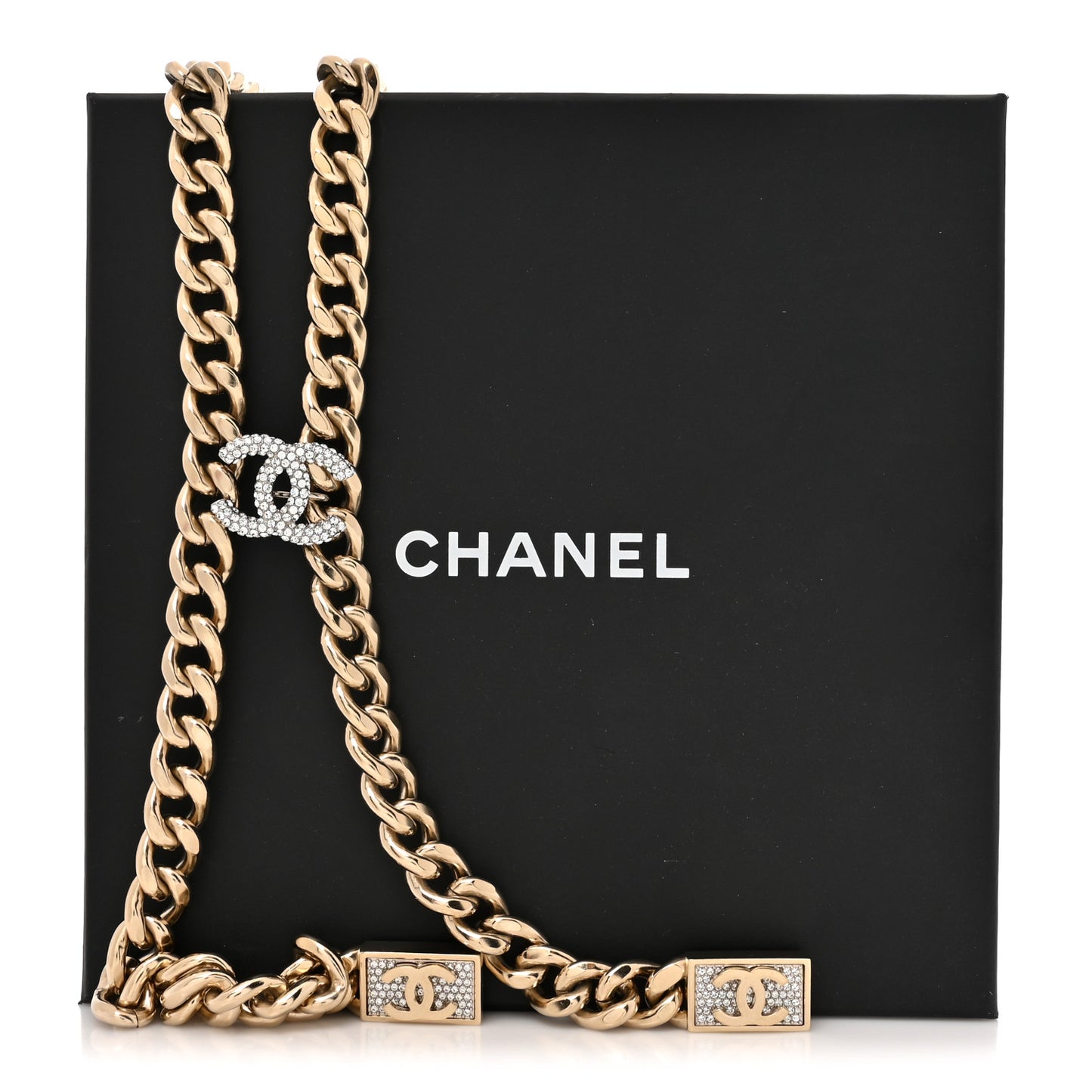 Chain Link Crystal CC Dog Tag Charm Necklace Gold