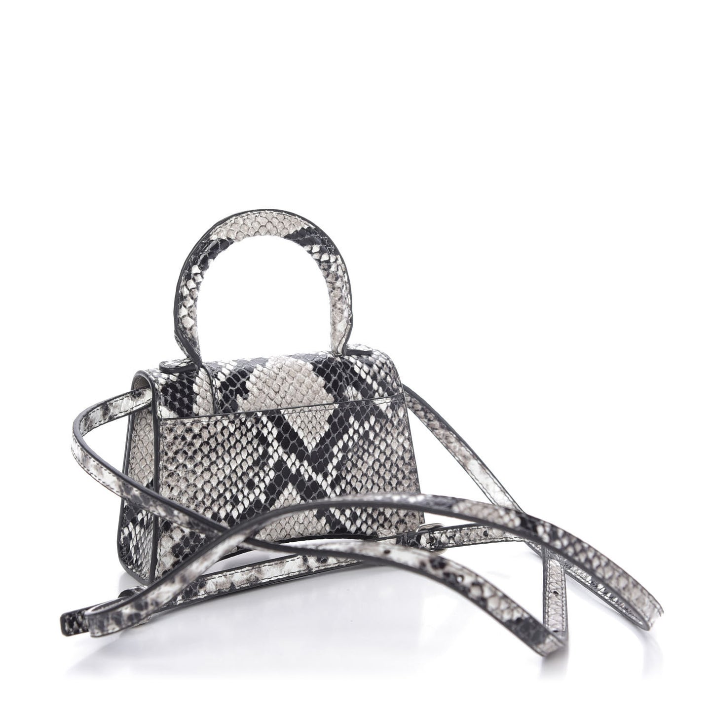 Shiny Calfskin Python Effect Hourglass Top Handle Bag Mini Black White