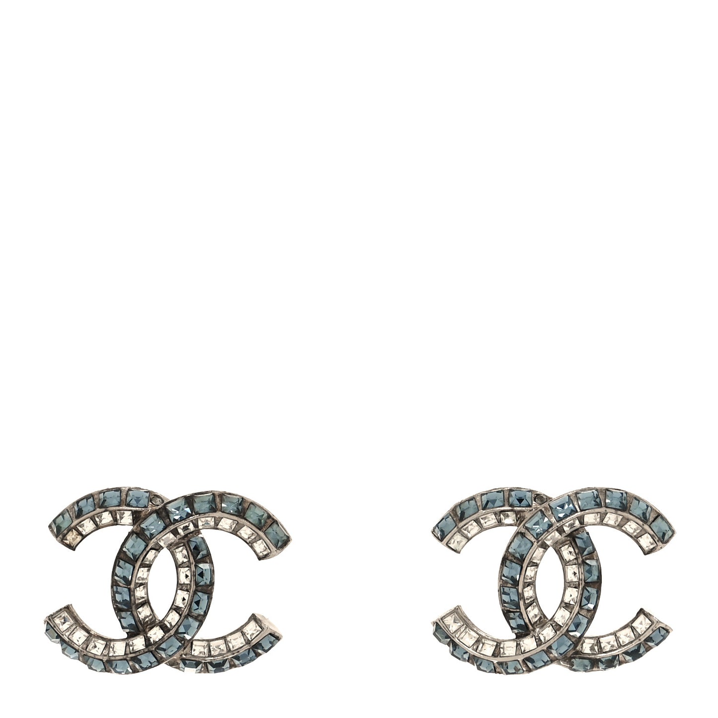 Metal Baguette Crystal CC Earrings Silver Blue