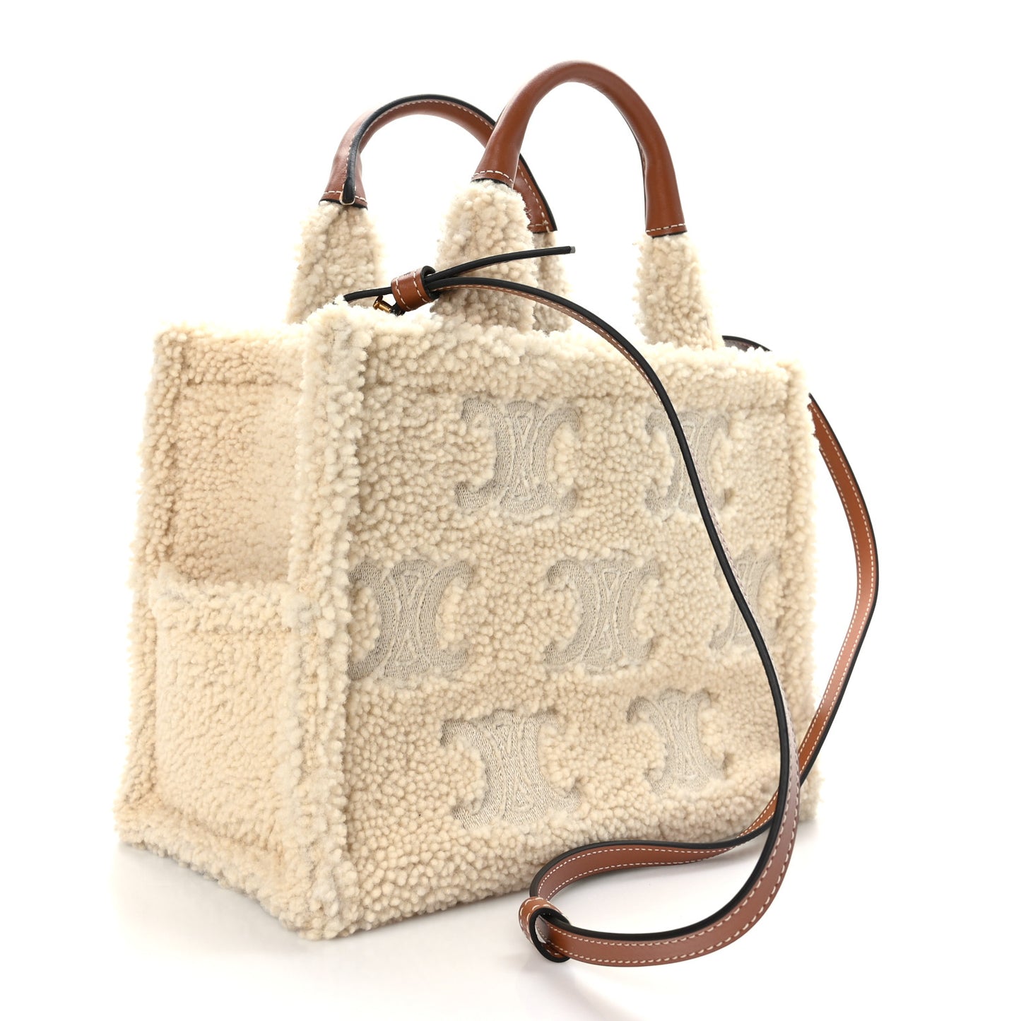 Shearling Calfskin Triomphe Small Cabas Thais Natural Tan